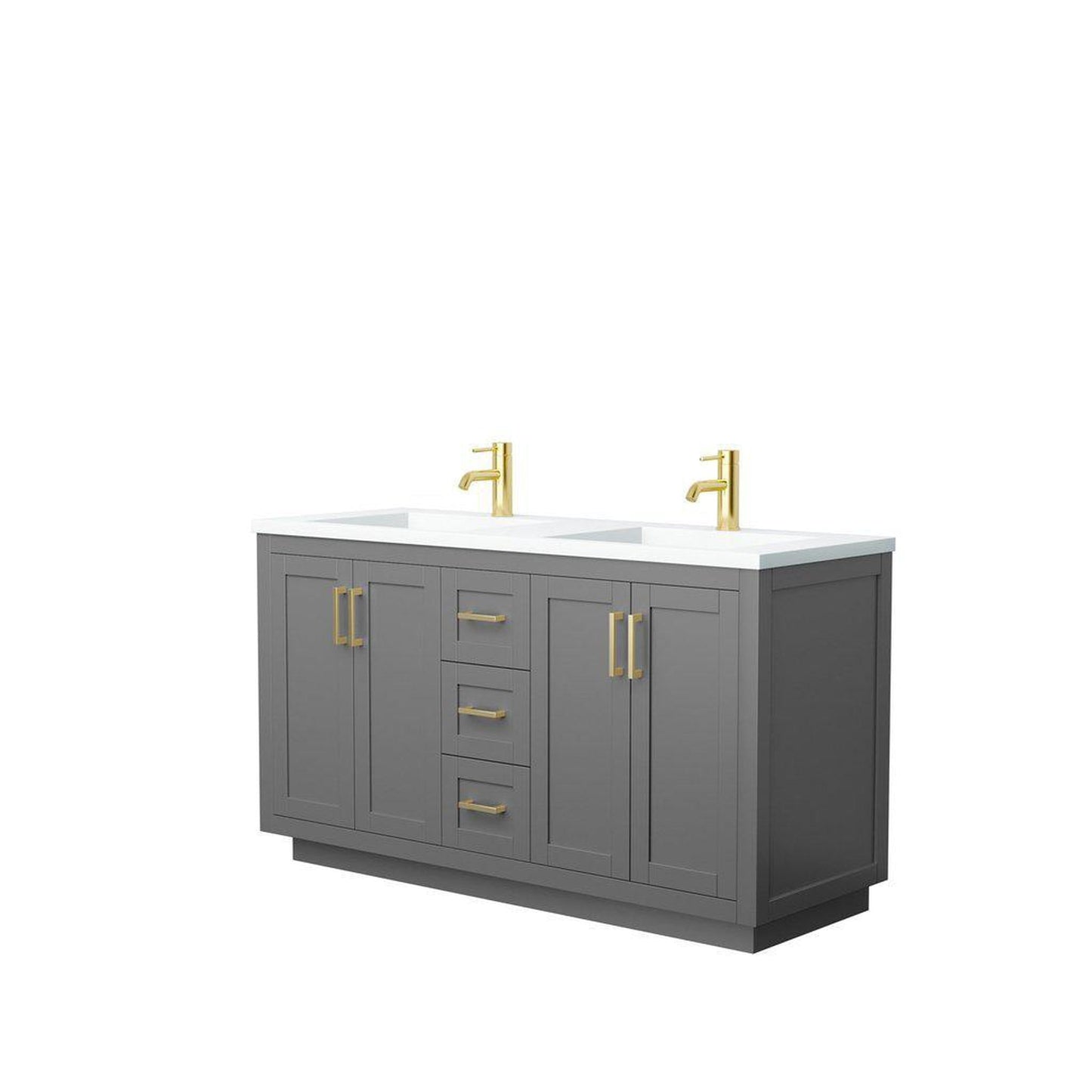 Wyndham Collection Miranda 60" Double Bathroom Dark Gray Vanity Set With 1.25" Thick Matte White Solid Surface Countertop, Integrated Sink, And Brushed Gold Trim