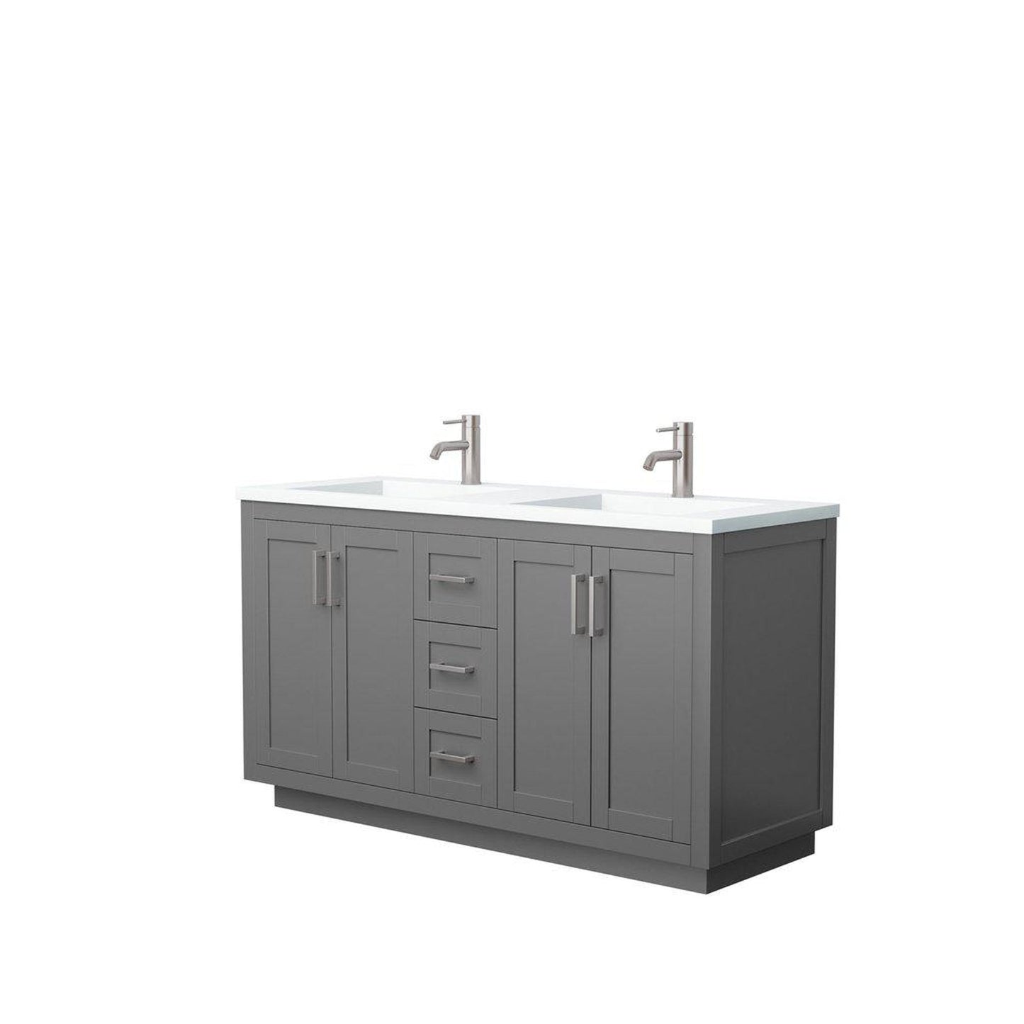 Wyndham Collection Miranda 60" Double Bathroom Dark Gray Vanity Set With 1.25" Thick Matte White Solid Surface Countertop, Integrated Sink, And Brushed Nickel Trim