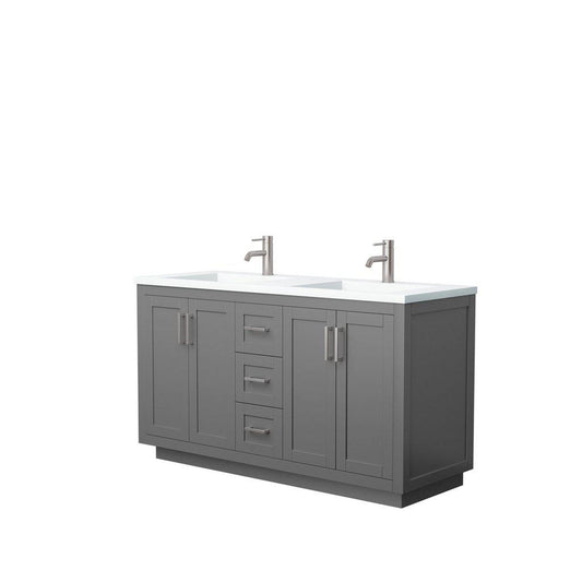 Wyndham Collection Miranda 60" Double Bathroom Dark Gray Vanity Set With 1.25" Thick Matte White Solid Surface Countertop, Integrated Sink, And Brushed Nickel Trim