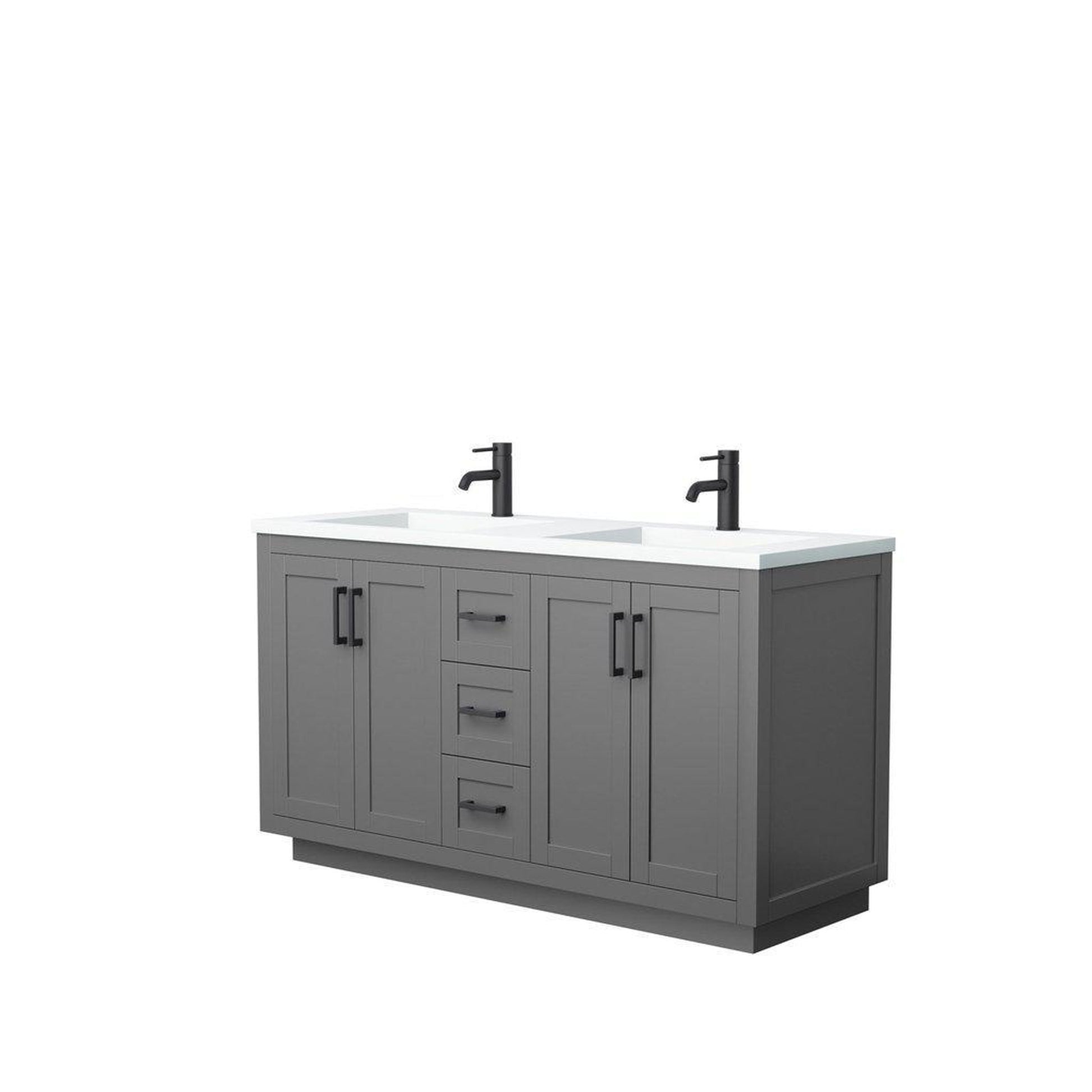 Wyndham Collection Miranda 60" Double Bathroom Dark Gray Vanity Set With 1.25" Thick Matte White Solid Surface Countertop, Integrated Sink, And Matte Black Trim