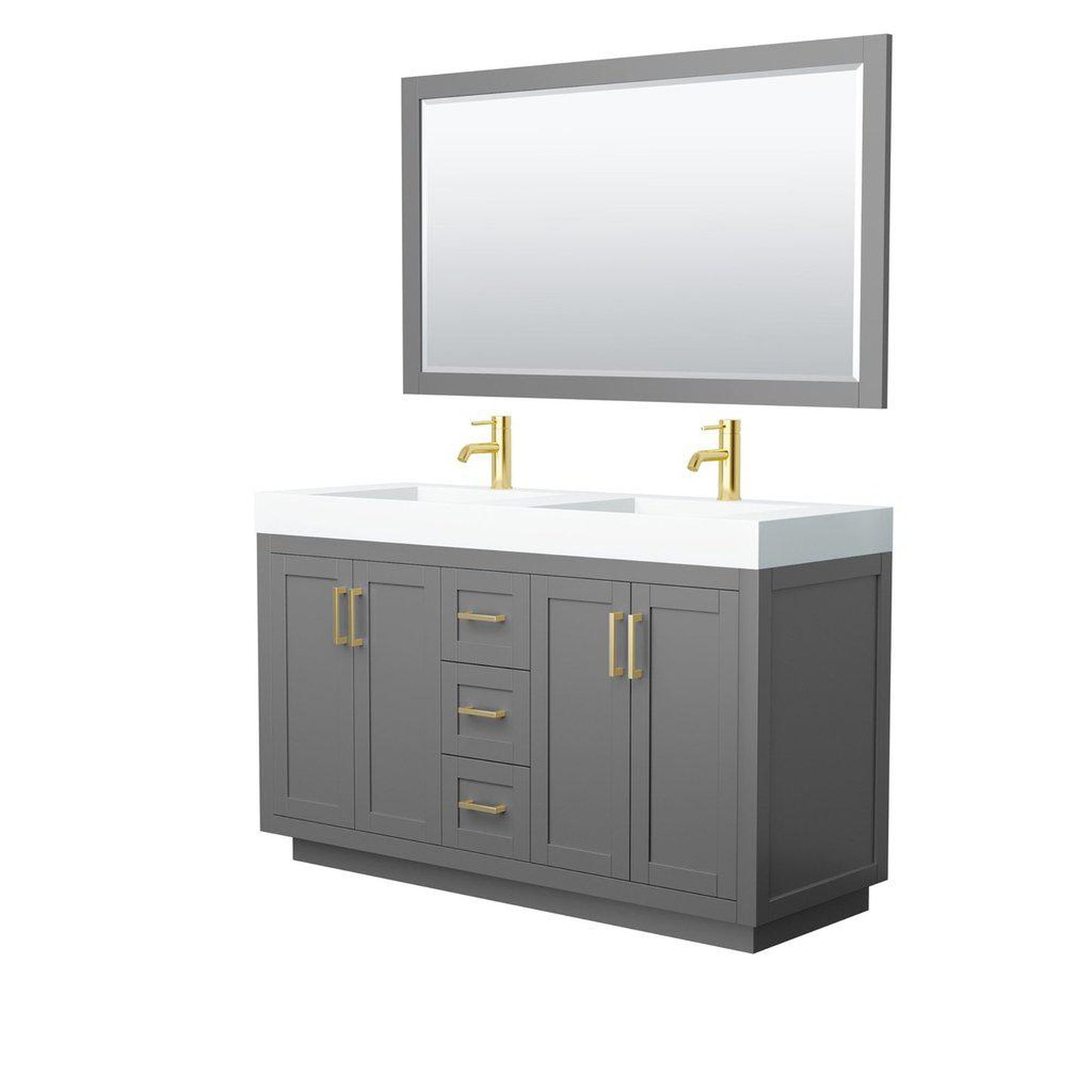 Wyndham Collection Miranda 60" Double Bathroom Dark Gray Vanity Set With 4" Thick Matte White Solid Surface Countertop, Integrated Sink, 58" Mirror And Brushed Gold Trim