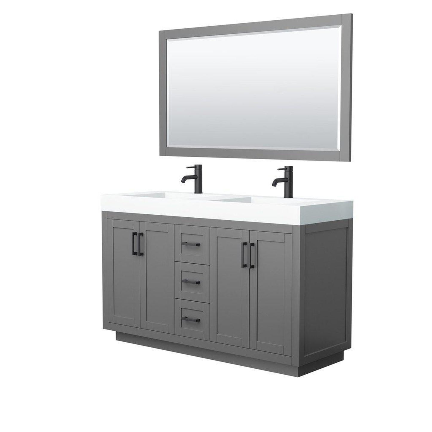 Wyndham Collection Miranda 60" Double Bathroom Dark Gray Vanity Set With 4" Thick Matte White Solid Surface Countertop, Integrated Sink, 58" Mirror And Matte Black Trim