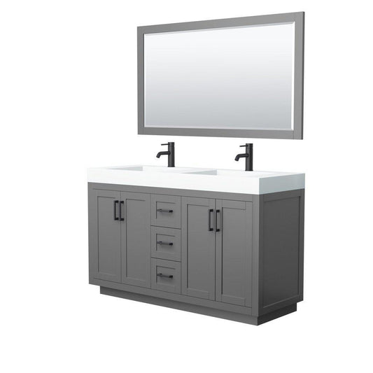 Wyndham Collection Miranda 60" Double Bathroom Dark Gray Vanity Set With 4" Thick Matte White Solid Surface Countertop, Integrated Sink, 58" Mirror And Matte Black Trim