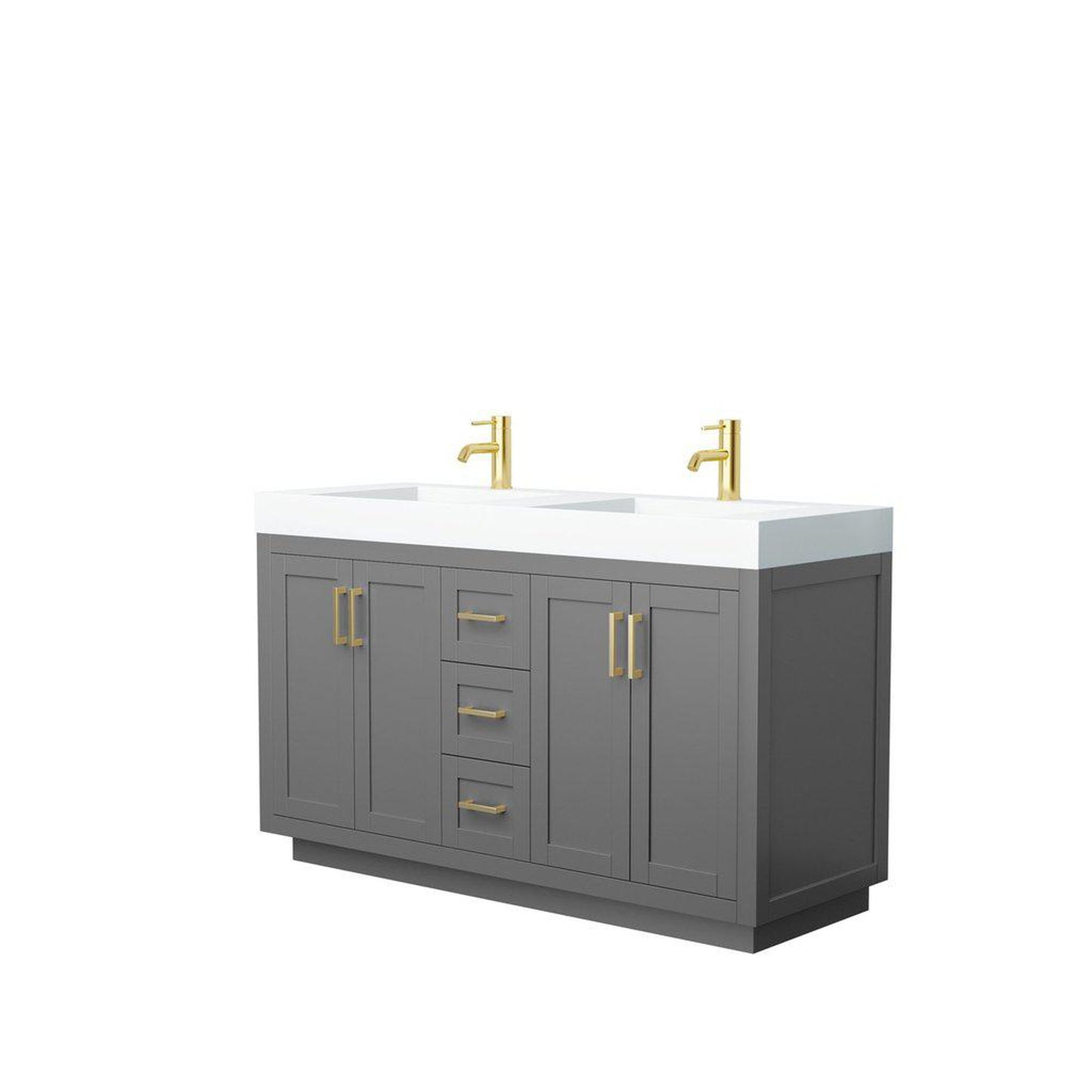 Wyndham Collection Miranda 60" Double Bathroom Dark Gray Vanity Set With 4" Thick Matte White Solid Surface Countertop, Integrated Sink, And Brushed Gold Trim