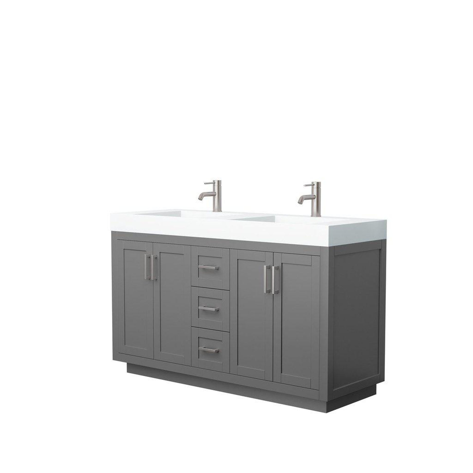 Wyndham Collection Miranda 60" Double Bathroom Dark Gray Vanity Set With 4" Thick Matte White Solid Surface Countertop, Integrated Sink, And Brushed Nickel Trim