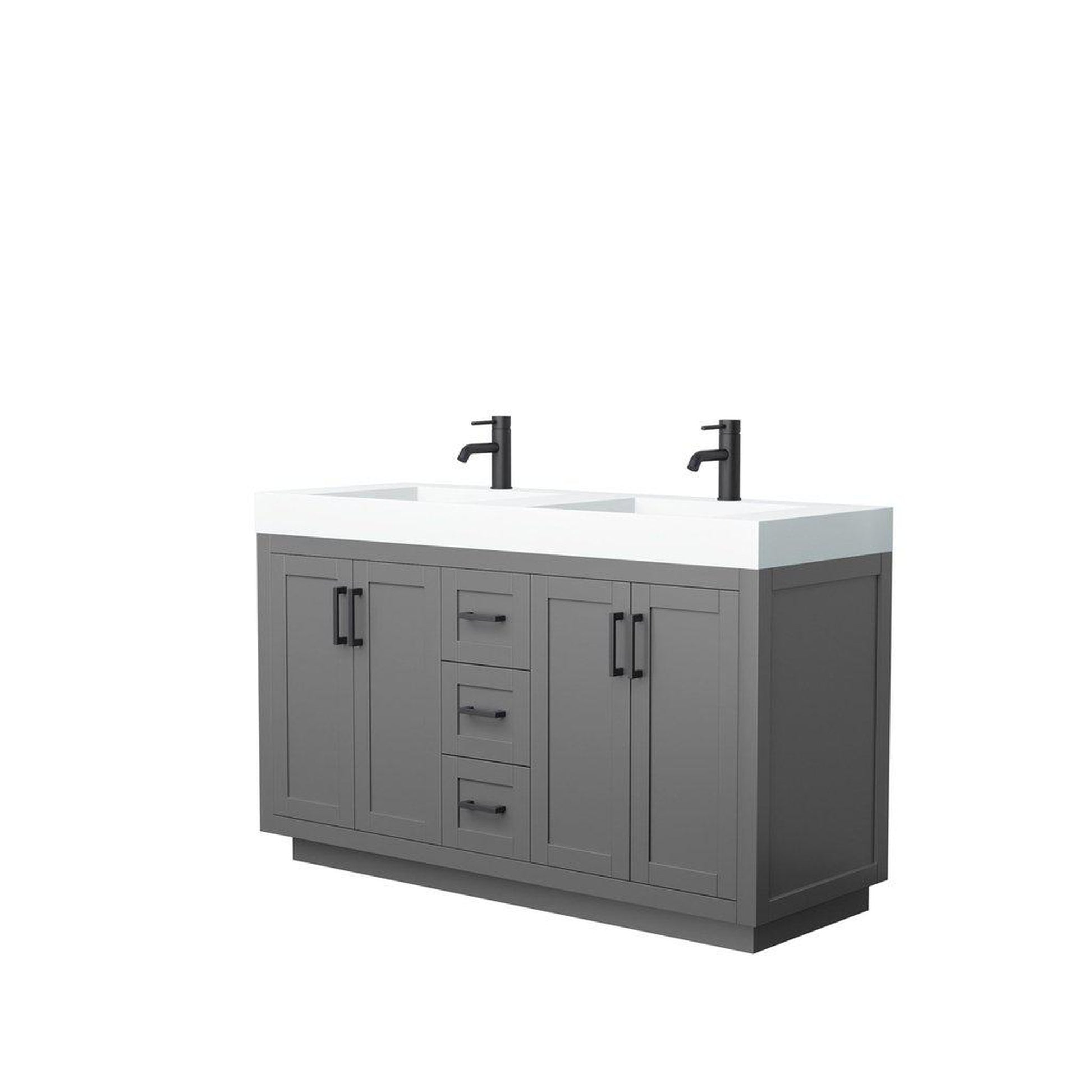 Wyndham Collection Miranda 60" Double Bathroom Dark Gray Vanity Set With 4" Thick Matte White Solid Surface Countertop, Integrated Sink, And Matte Black Trim