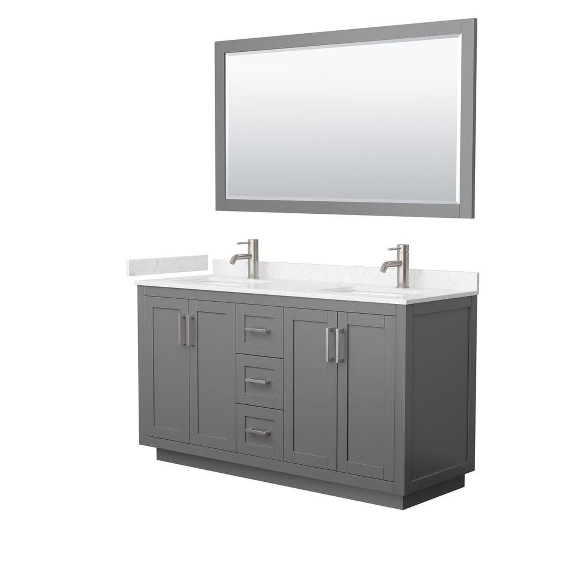 Wyndham Collection Miranda 60" Double Bathroom Dark Gray Vanity Set With Light-Vein Carrara Cultured Marble Countertop, Undermount Square Sink, 58" Mirror And Brushed Nickel Trim