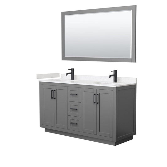 Wyndham Collection Miranda 60" Double Bathroom Dark Gray Vanity Set With Light-Vein Carrara Cultured Marble Countertop, Undermount Square Sink, 58" Mirror And Matte Black Trim