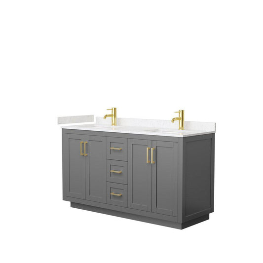 Wyndham Collection Miranda 60" Double Bathroom Dark Gray Vanity Set With Light-Vein Carrara Cultured Marble Countertop, Undermount Square Sink, And Brushed Gold Trim