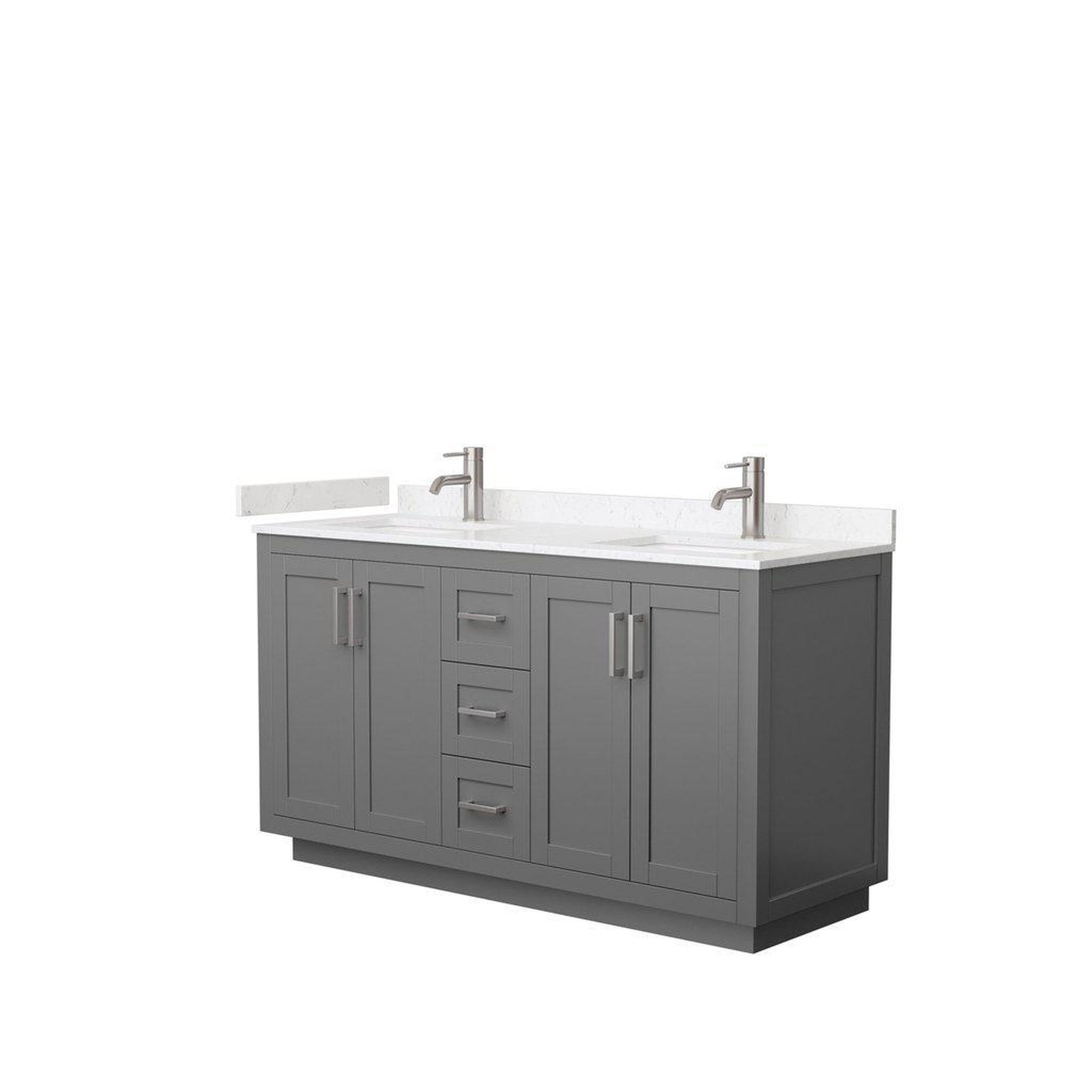 Wyndham Collection Miranda 60" Double Bathroom Dark Gray Vanity Set With Light-Vein Carrara Cultured Marble Countertop, Undermount Square Sink, And Brushed Nickel Trim