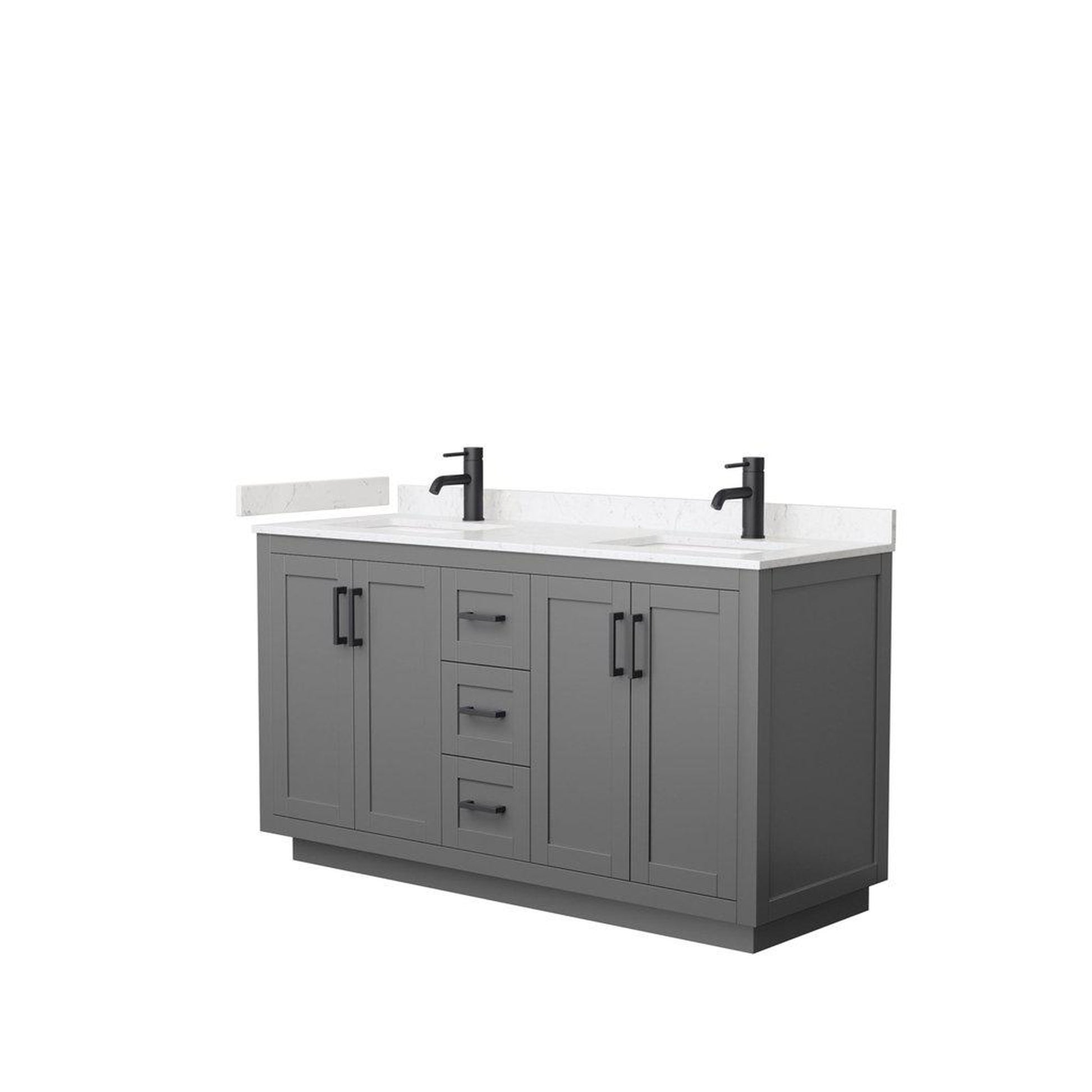 Wyndham Collection Miranda 60" Double Bathroom Dark Gray Vanity Set With Light-Vein Carrara Cultured Marble Countertop, Undermount Square Sink, And Matte Black Trim