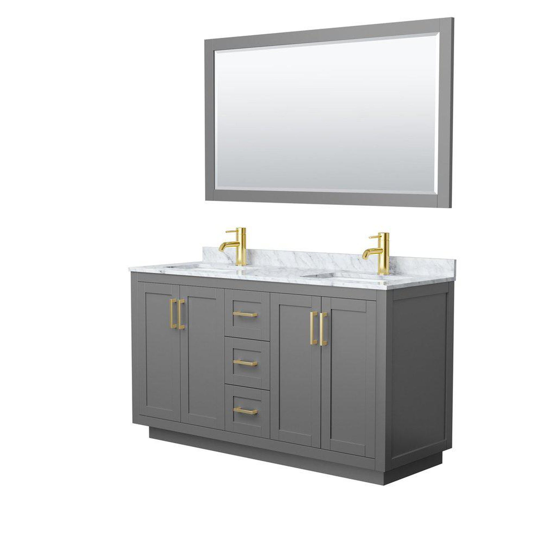 Wyndham Collection Miranda 60" Double Bathroom Dark Gray Vanity Set With White Carrara Marble Countertop, Undermount Square Sink, 58" Mirror And Brushed Gold Trim