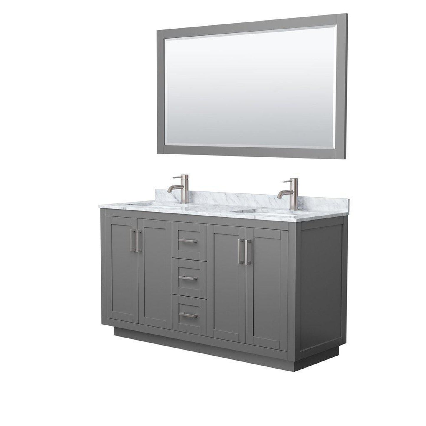 Wyndham Collection Miranda 60" Double Bathroom Dark Gray Vanity Set With White Carrara Marble Countertop, Undermount Square Sink, 58" Mirror And Brushed Nickel Trim