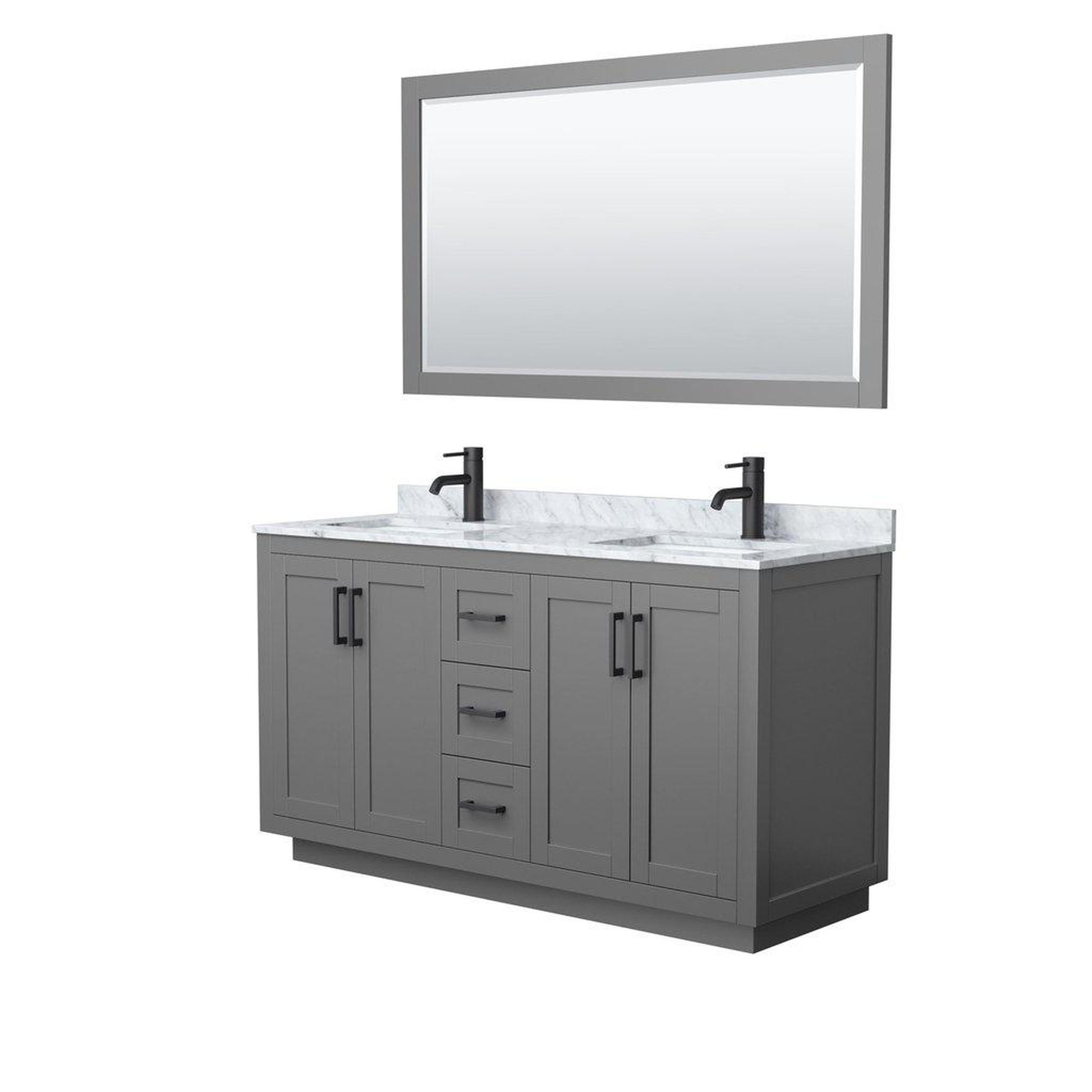 Wyndham Collection Miranda 60" Double Bathroom Dark Gray Vanity Set With White Carrara Marble Countertop, Undermount Square Sink, 58" Mirror And Matte Black Trim