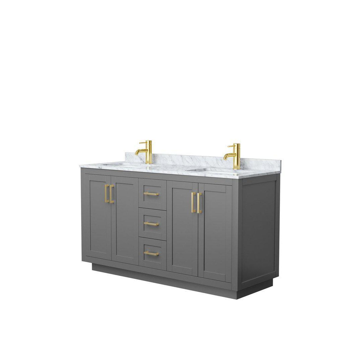 Wyndham Collection Miranda 60" Double Bathroom Dark Gray Vanity Set With White Carrara Marble Countertop, Undermount Square Sink, And Brushed Gold Trim