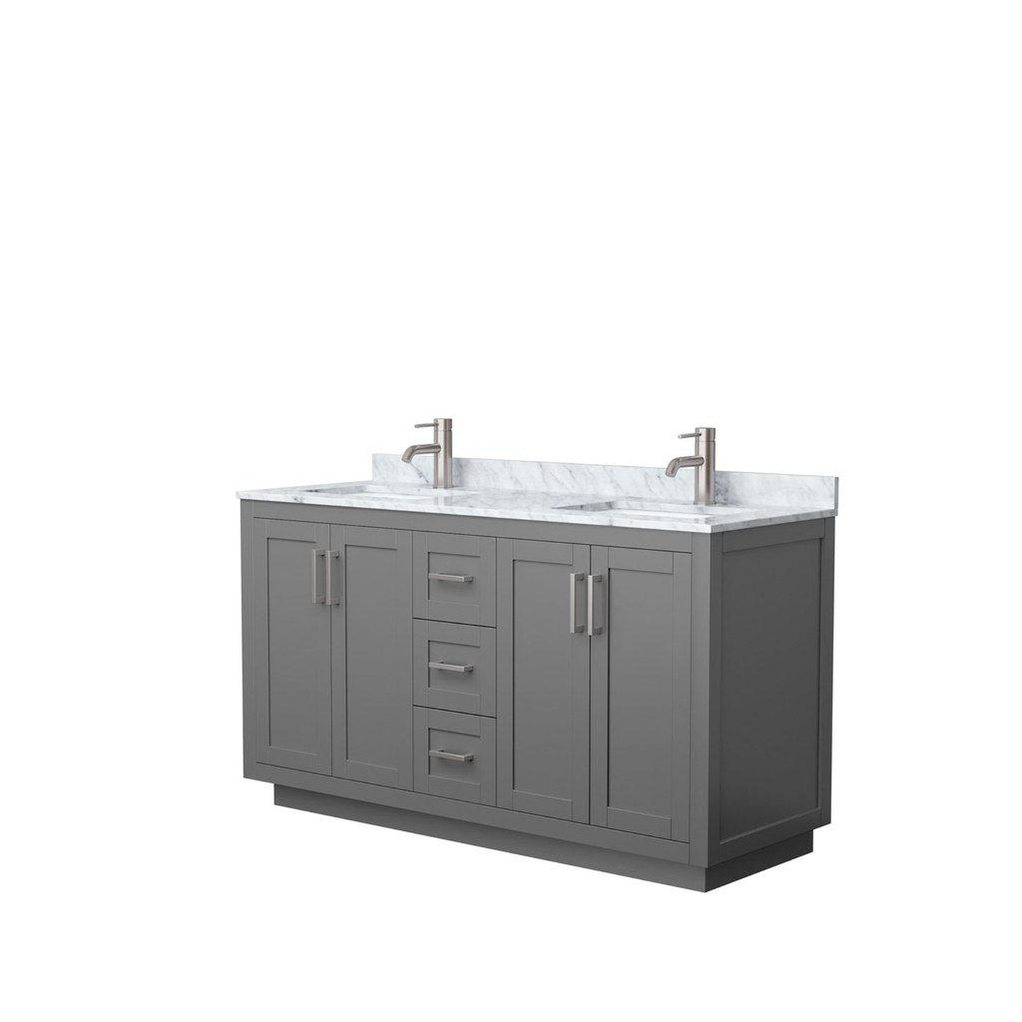 Wyndham Collection Miranda 60" Double Bathroom Dark Gray Vanity Set With White Carrara Marble Countertop, Undermount Square Sink, And Brushed Nickel Trim
