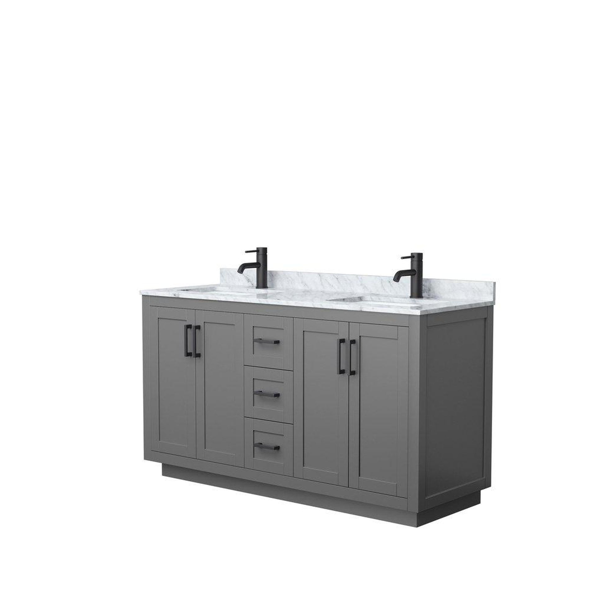 Wyndham Collection Miranda 60" Double Bathroom Dark Gray Vanity Set With White Carrara Marble Countertop, Undermount Square Sink, And Matte Black Trim