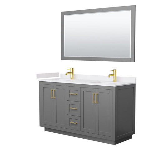 Wyndham Collection Miranda 60" Double Bathroom Dark Gray Vanity Set With White Cultured Marble Countertop, Undermount Square Sink, 58" Mirror And Brushed Gold Trim