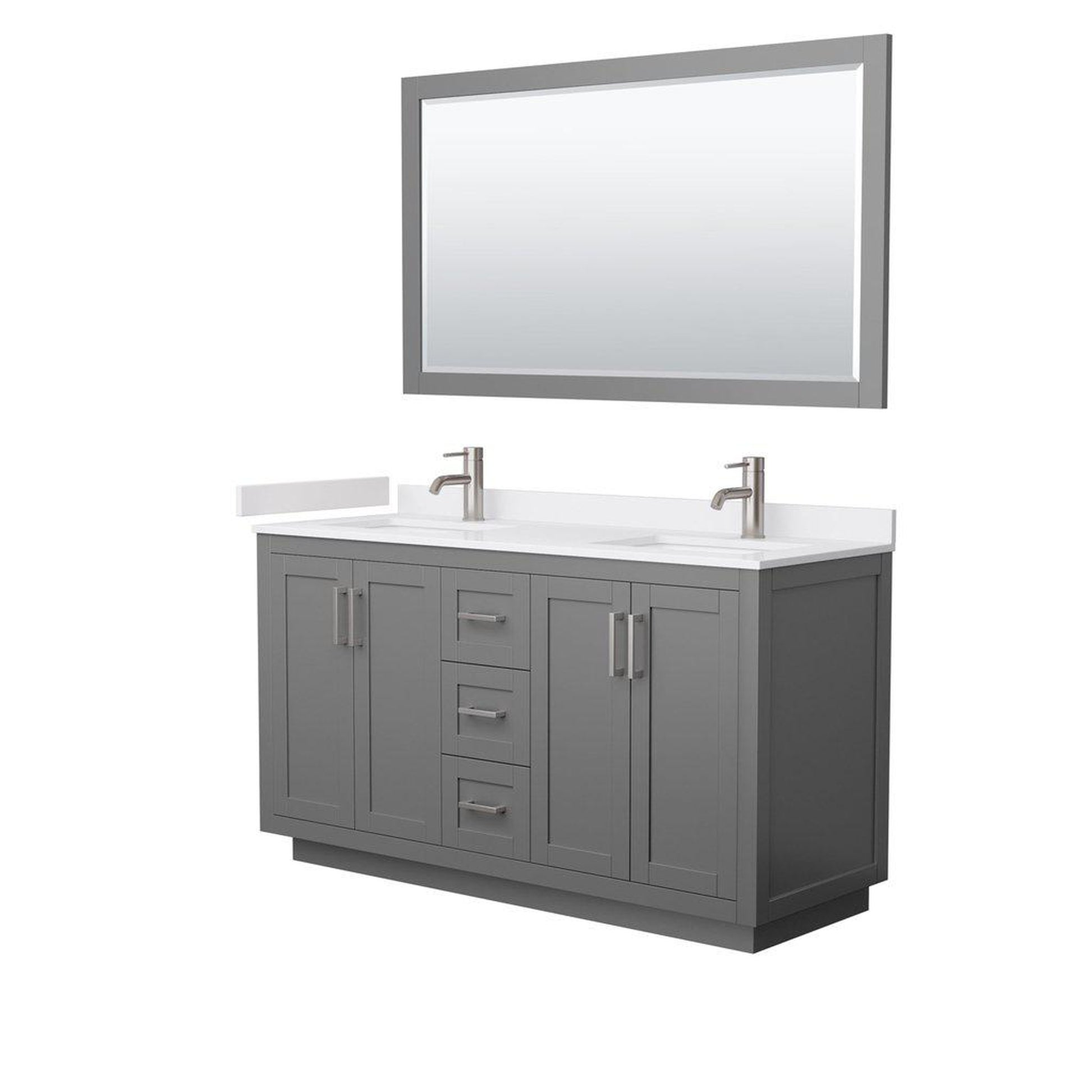 Wyndham Collection Miranda 60" Double Bathroom Dark Gray Vanity Set With White Cultured Marble Countertop, Undermount Square Sink, 58" Mirror And Brushed Nickel Trim