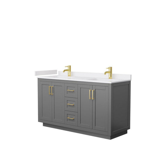 Wyndham Collection Miranda 60" Double Bathroom Dark Gray Vanity Set With White Cultured Marble Countertop, Undermount Square Sink, And Brushed Gold Trim