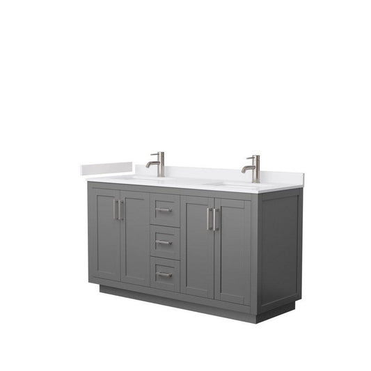 Wyndham Collection Miranda 60" Double Bathroom Dark Gray Vanity Set With White Cultured Marble Countertop, Undermount Square Sink, And Brushed Nickel Trim