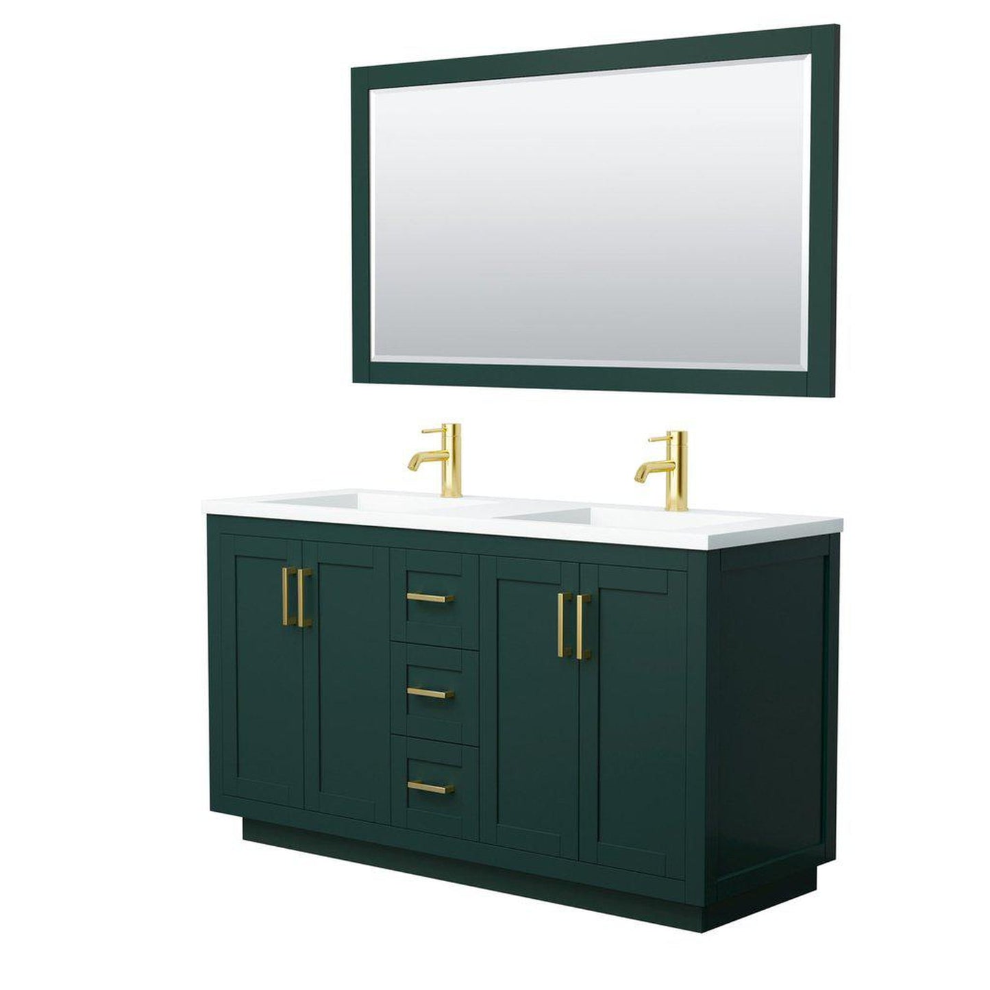 Wyndham Collection Miranda 60" Double Bathroom Green Vanity Set With 1.25" Thick Matte White Solid Surface Countertop, Integrated Sink, 58" Mirror And Brushed Gold Trim
