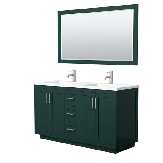 Wyndham Collection Miranda 60" Double Bathroom Green Vanity Set With 1.25" Thick Matte White Solid Surface Countertop, Integrated Sink, 58" Mirror And Brushed Nickel Trim
