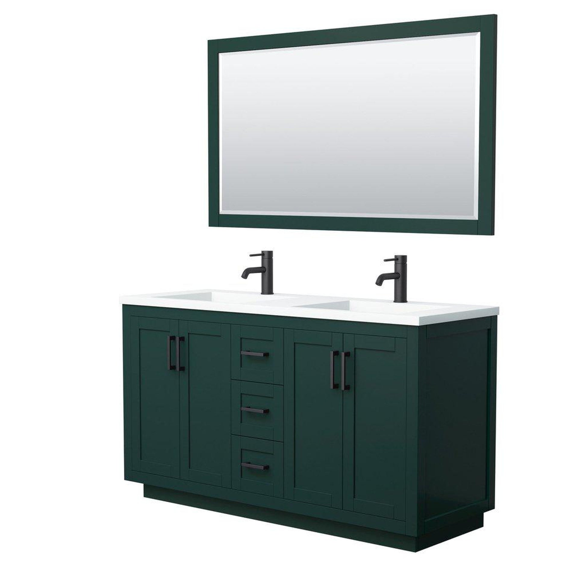 Wyndham Collection Miranda 60" Double Bathroom Green Vanity Set With 1.25" Thick Matte White Solid Surface Countertop, Integrated Sink, 58" Mirror And Matte Black Trim