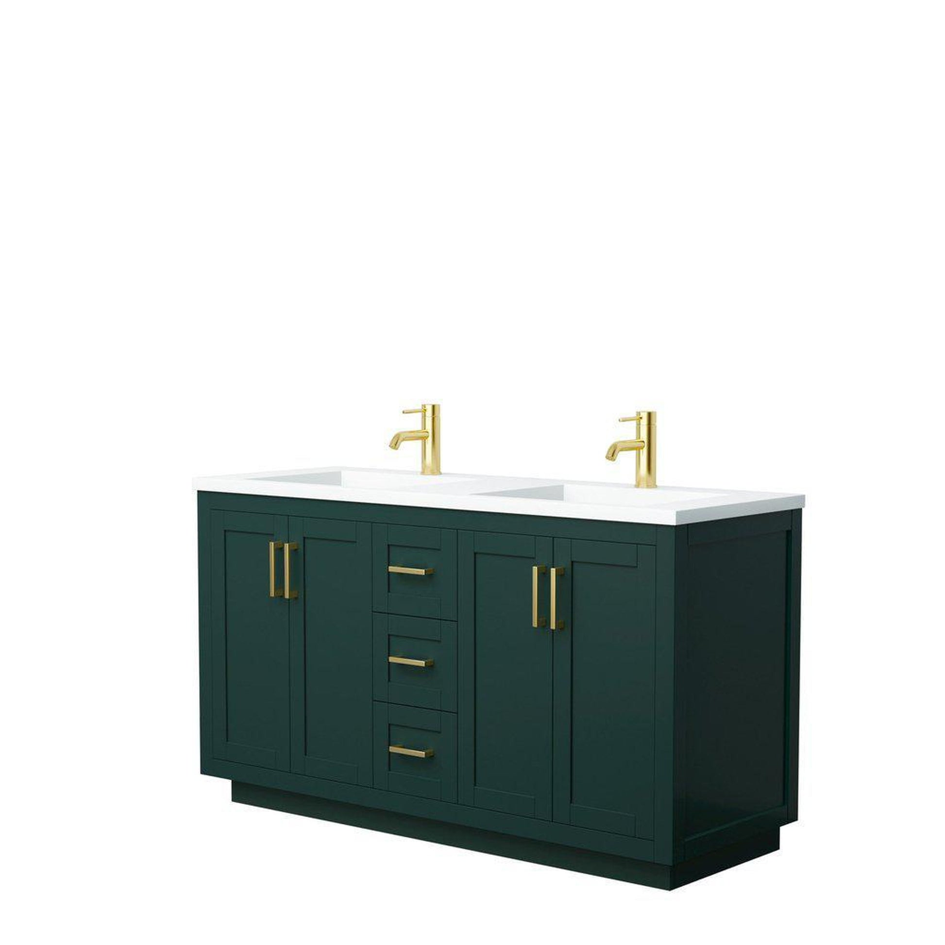 Wyndham Collection Miranda 60" Double Bathroom Green Vanity Set With 1.25" Thick Matte White Solid Surface Countertop, Integrated Sink, And Brushed Gold Trim