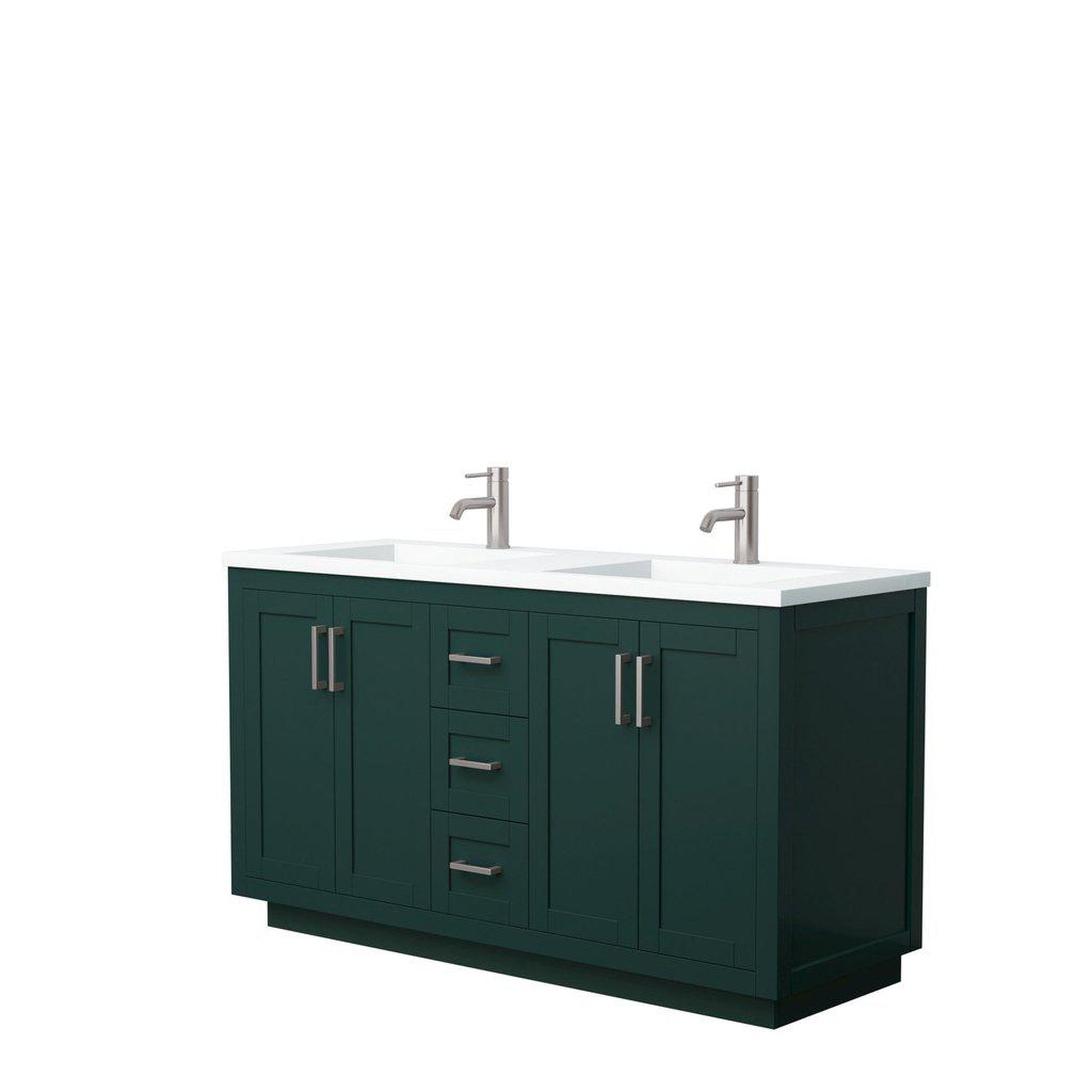Wyndham Collection Miranda 60" Double Bathroom Green Vanity Set With 1.25" Thick Matte White Solid Surface Countertop, Integrated Sink, And Brushed Nickel Trim