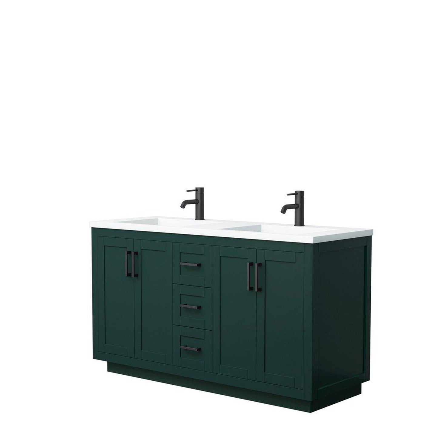 Wyndham Collection Miranda 60" Double Bathroom Green Vanity Set With 1.25" Thick Matte White Solid Surface Countertop, Integrated Sink, And Matte Black Trim