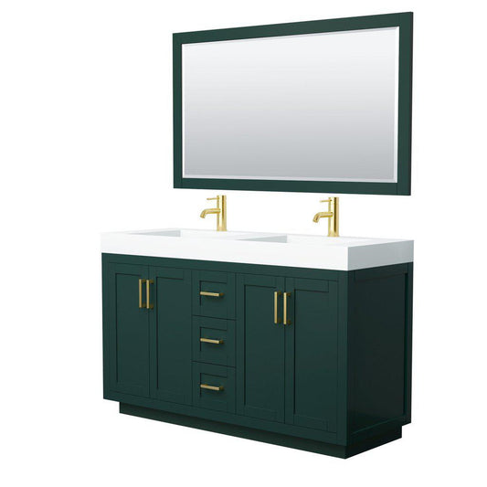 Wyndham Collection Miranda 60" Double Bathroom Green Vanity Set With 4" Thick Matte White Solid Surface Countertop, Integrated Sink, 58" Mirror And Brushed Gold Trim