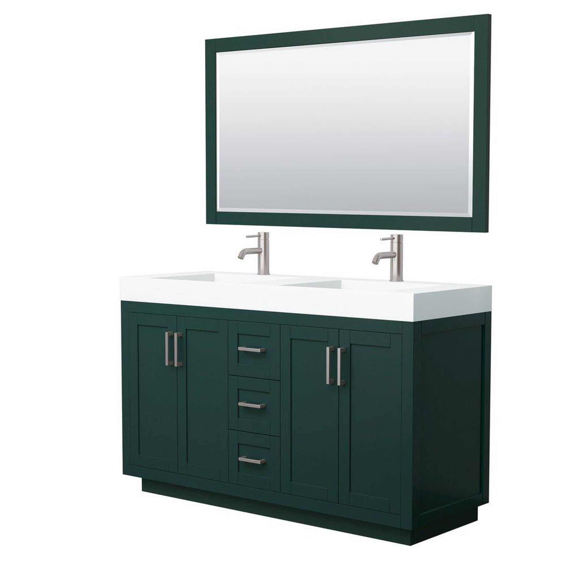 Wyndham Collection Miranda 60" Double Bathroom Green Vanity Set With 4" Thick Matte White Solid Surface Countertop, Integrated Sink, 58" Mirror And Brushed Nickel Trim