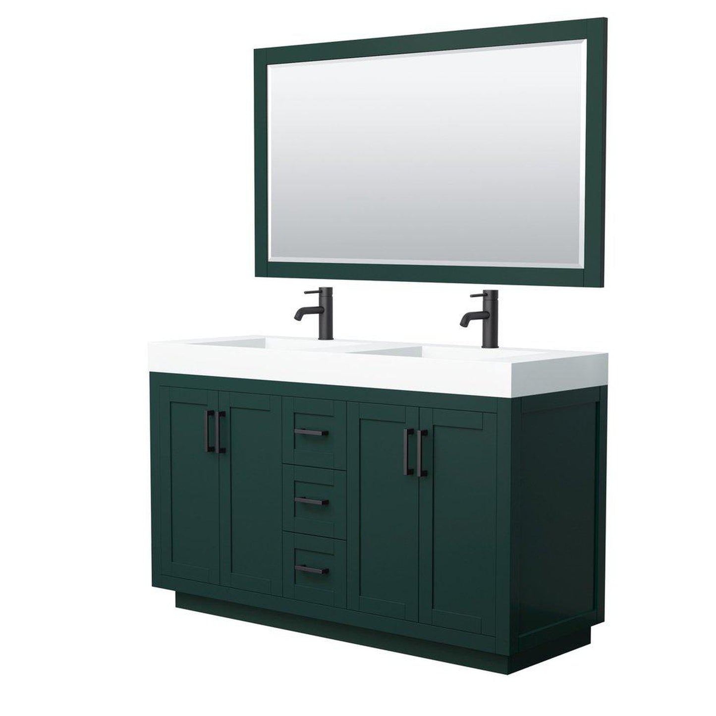 Wyndham Collection Miranda 60" Double Bathroom Green Vanity Set With 4" Thick Matte White Solid Surface Countertop, Integrated Sink, 58" Mirror And Matte Black Trim