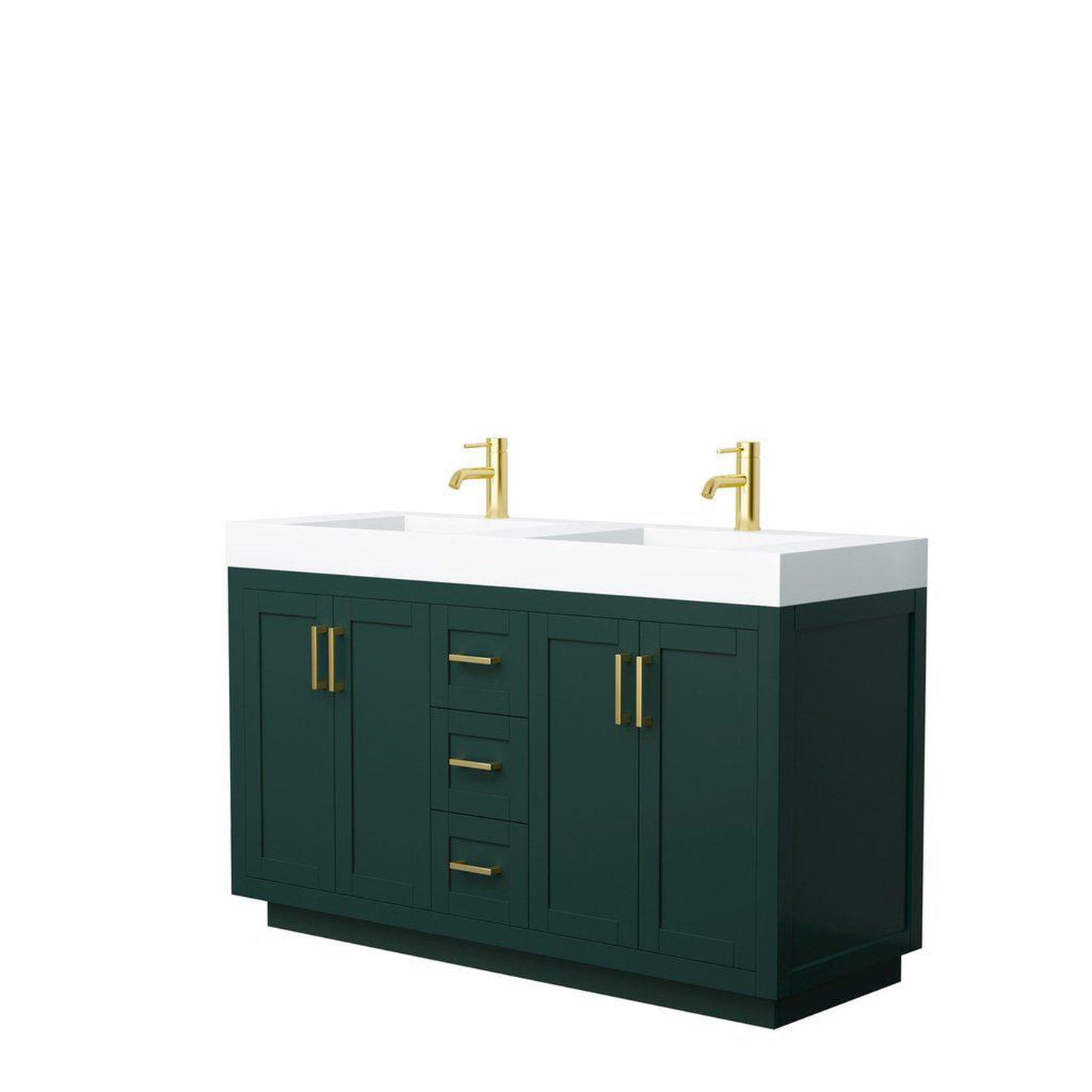 Wyndham Collection Miranda 60" Double Bathroom Green Vanity Set With 4" Thick Matte White Solid Surface Countertop, Integrated Sink, And Brushed Gold Trim