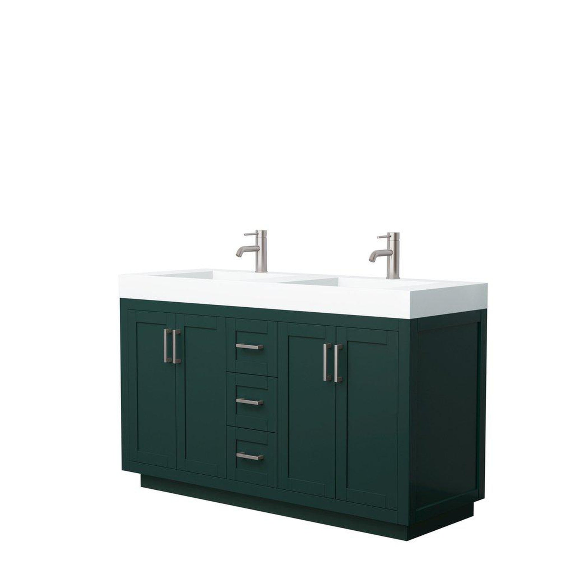 Wyndham Collection Miranda 60" Double Bathroom Green Vanity Set With 4" Thick Matte White Solid Surface Countertop, Integrated Sink, And Brushed Nickel Trim