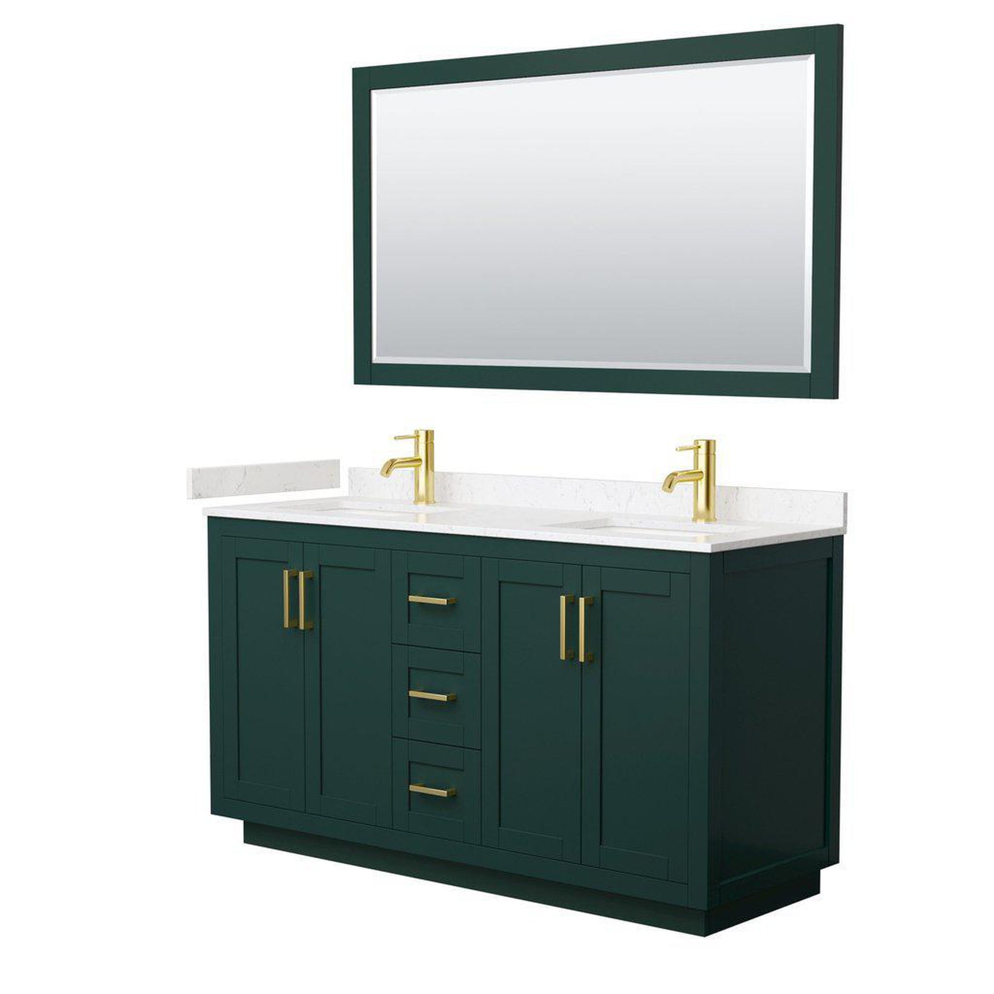 Wyndham Collection Miranda 60" Double Bathroom Green Vanity Set With Light-Vein Carrara Cultured Marble Countertop, Undermount Square Sink, 58" Mirror And Brushed Gold Trim