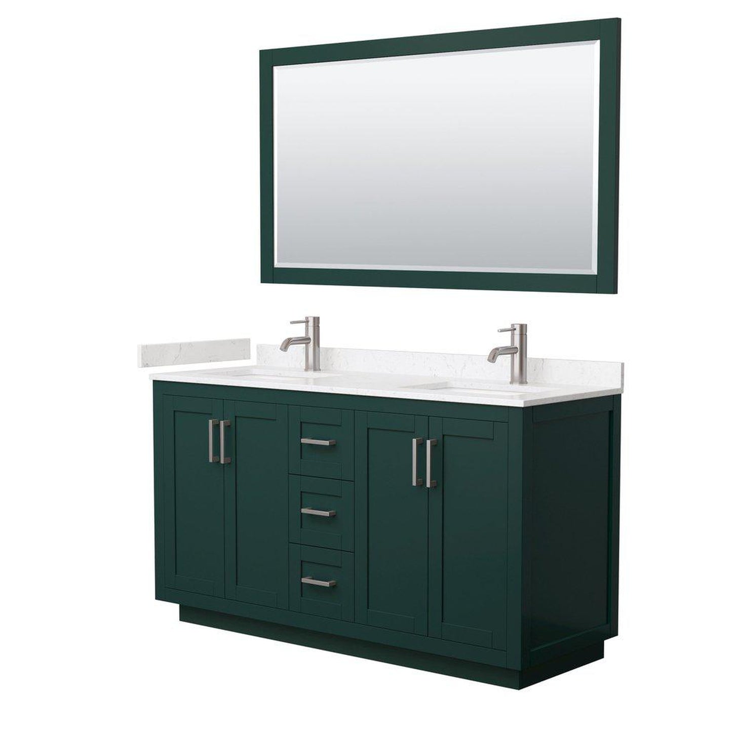 Wyndham Collection Miranda 60" Double Bathroom Green Vanity Set With Light-Vein Carrara Cultured Marble Countertop, Undermount Square Sink, 58" Mirror And Brushed Nickel Trim