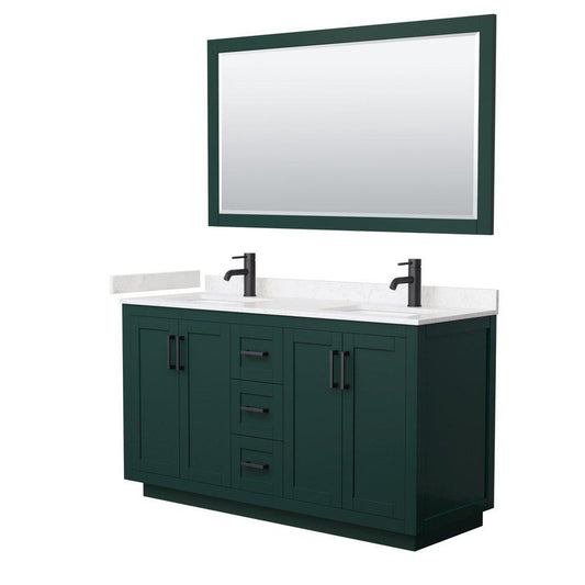 Wyndham Collection Miranda 60" Double Bathroom Green Vanity Set With Light-Vein Carrara Cultured Marble Countertop, Undermount Square Sink, 58" Mirror And Matte Black Trim