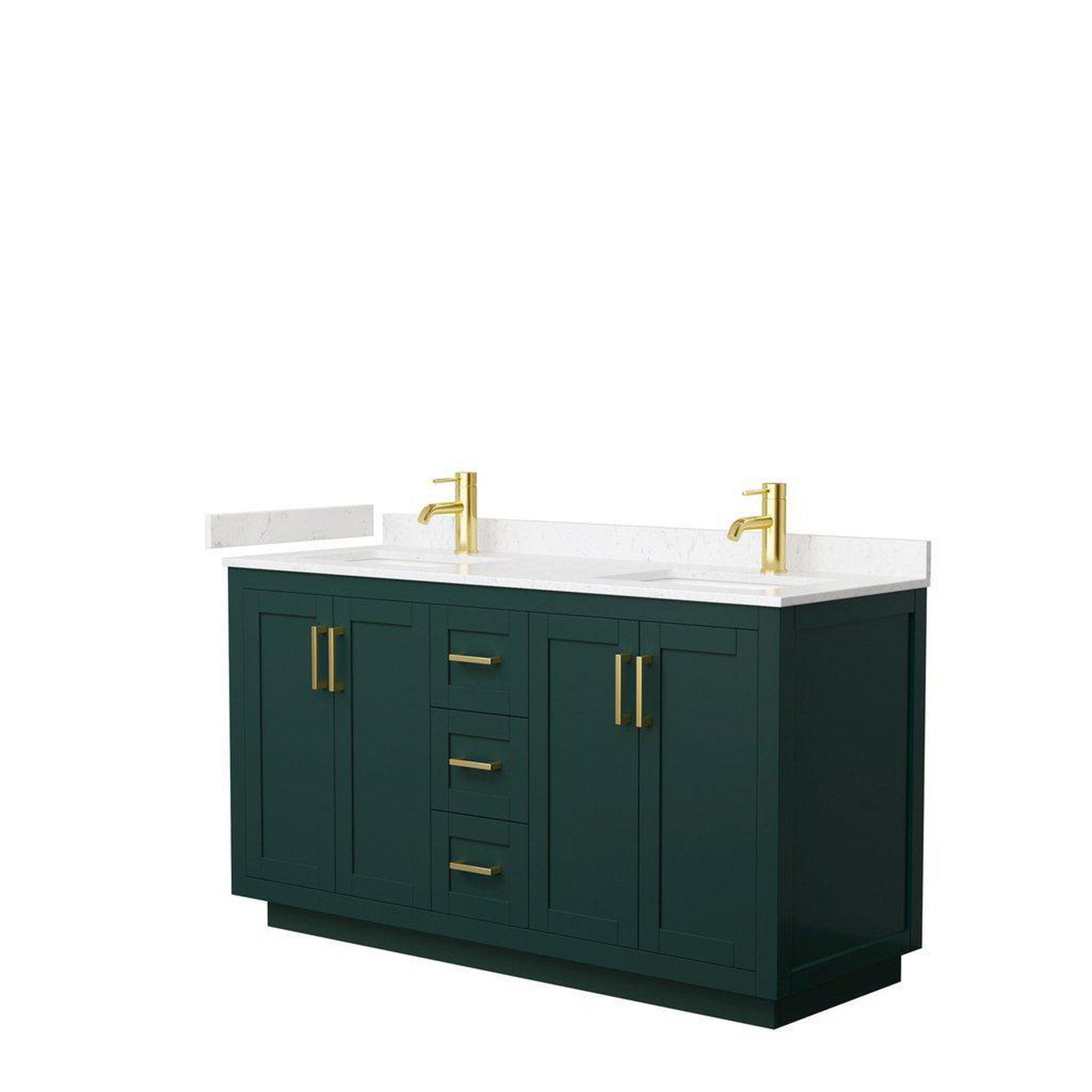 Wyndham Collection Miranda 60" Double Bathroom Green Vanity Set With Light-Vein Carrara Cultured Marble Countertop, Undermount Square Sink, And Brushed Gold Trim