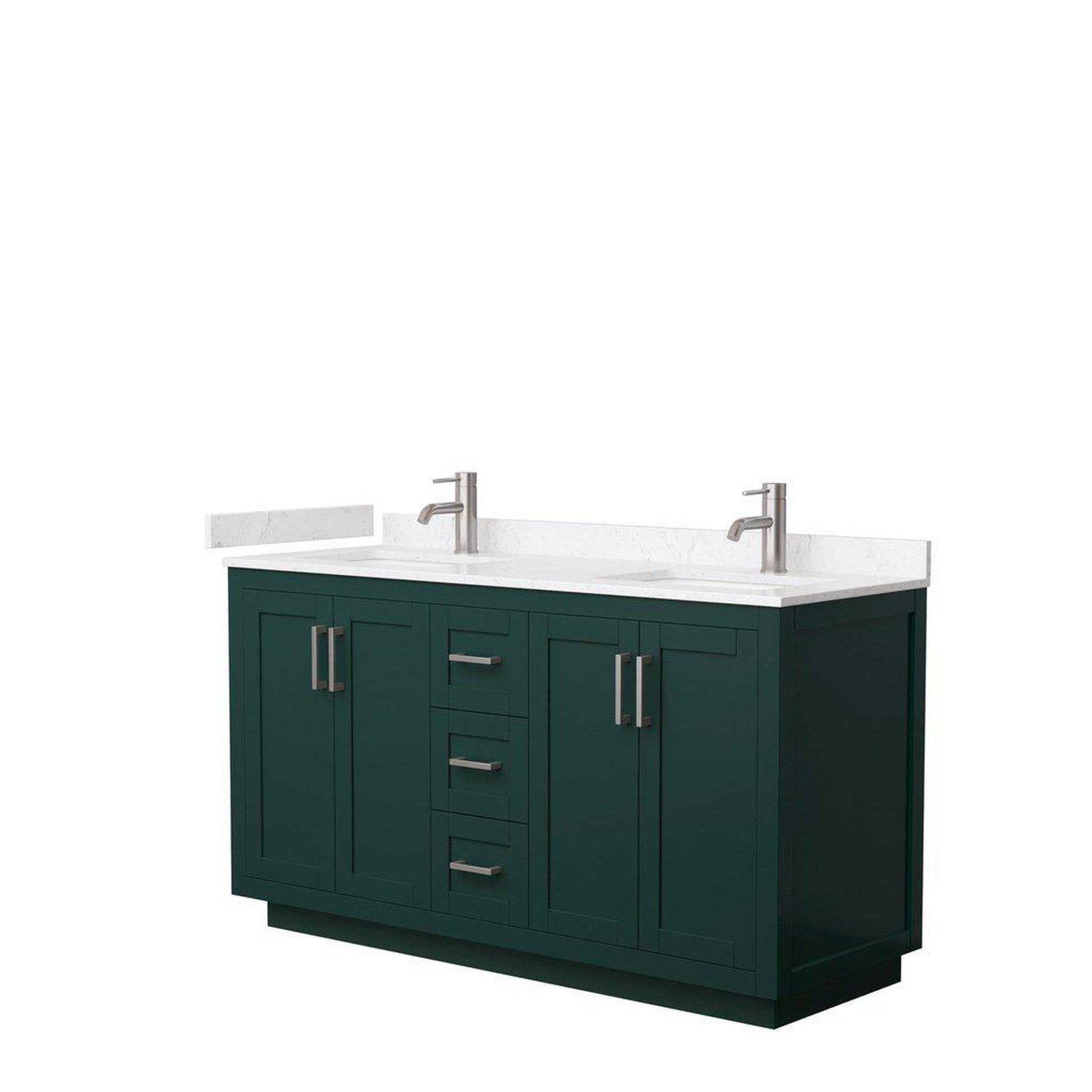Wyndham Collection Miranda 60" Double Bathroom Green Vanity Set With Light-Vein Carrara Cultured Marble Countertop, Undermount Square Sink, And Brushed Nickel Trim
