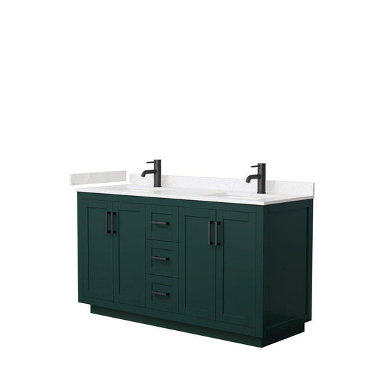 Wyndham Collection Miranda 60" Double Bathroom Green Vanity Set With Light-Vein Carrara Cultured Marble Countertop, Undermount Square Sink, And Matte Black Trim