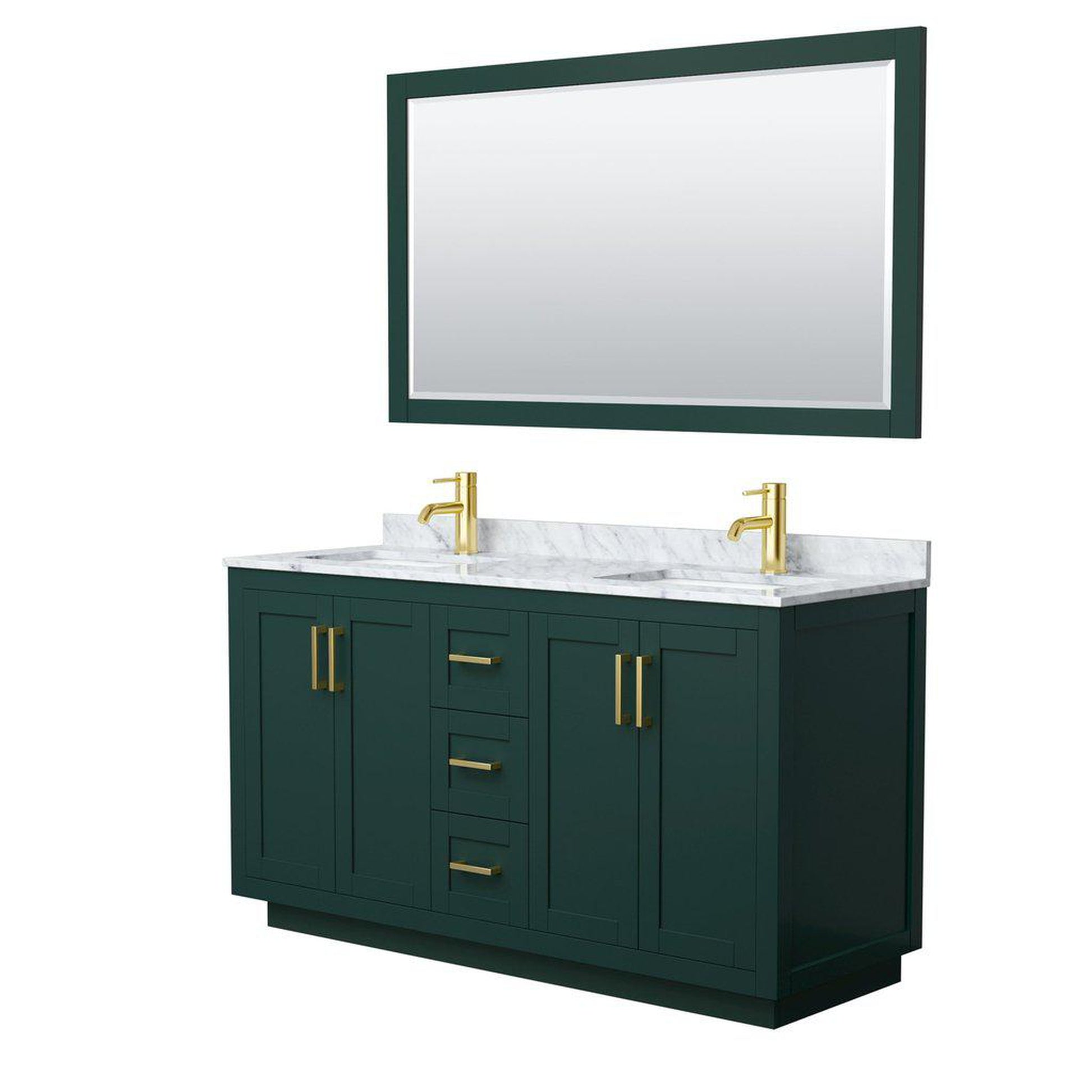 Wyndham Collection Miranda 60" Double Bathroom Green Vanity Set With White Carrara Marble Countertop, Undermount Square Sink, 58" Mirror And Brushed Gold Trim