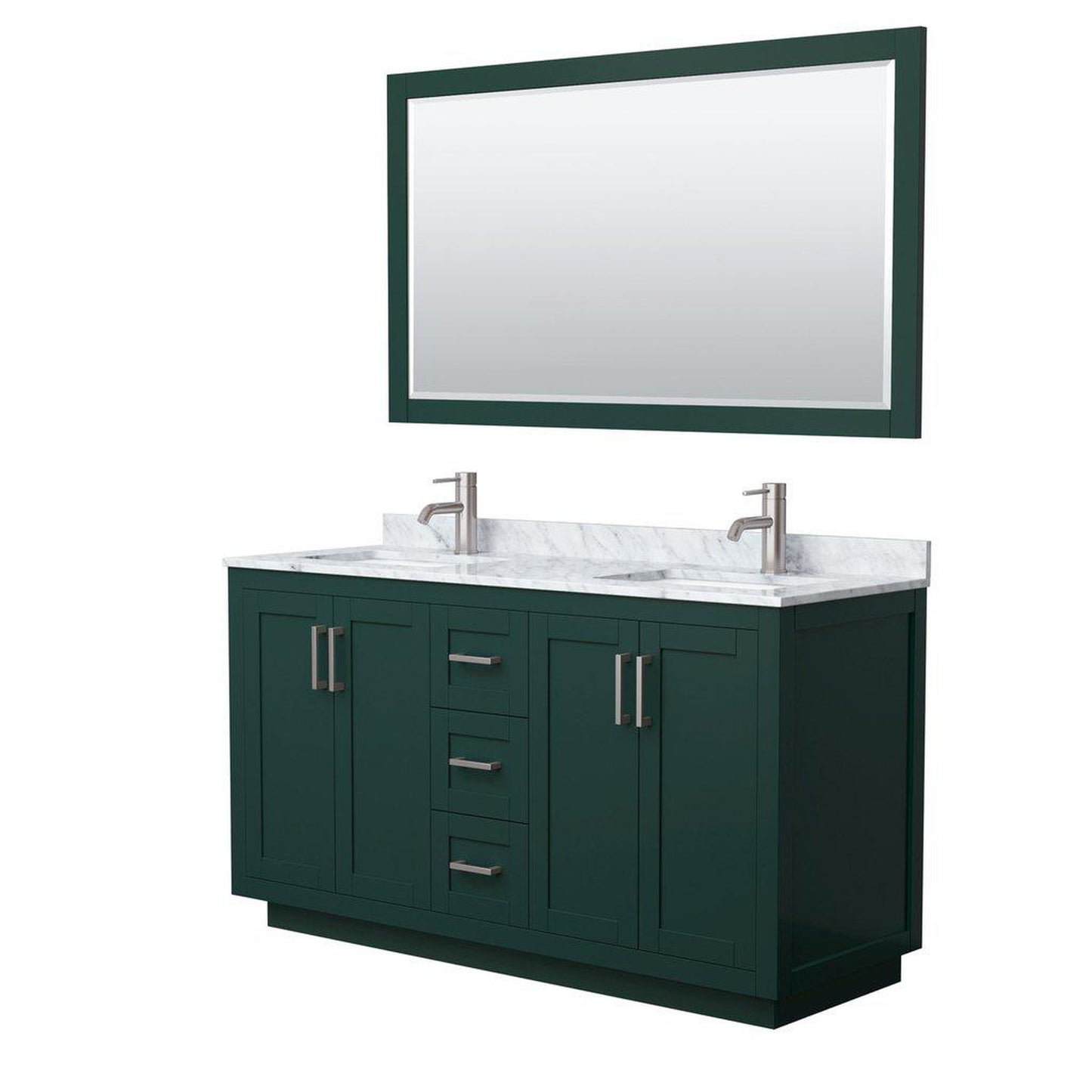 Wyndham Collection Miranda 60" Double Bathroom Green Vanity Set With White Carrara Marble Countertop, Undermount Square Sink, 58" Mirror And Brushed Nickel Trim