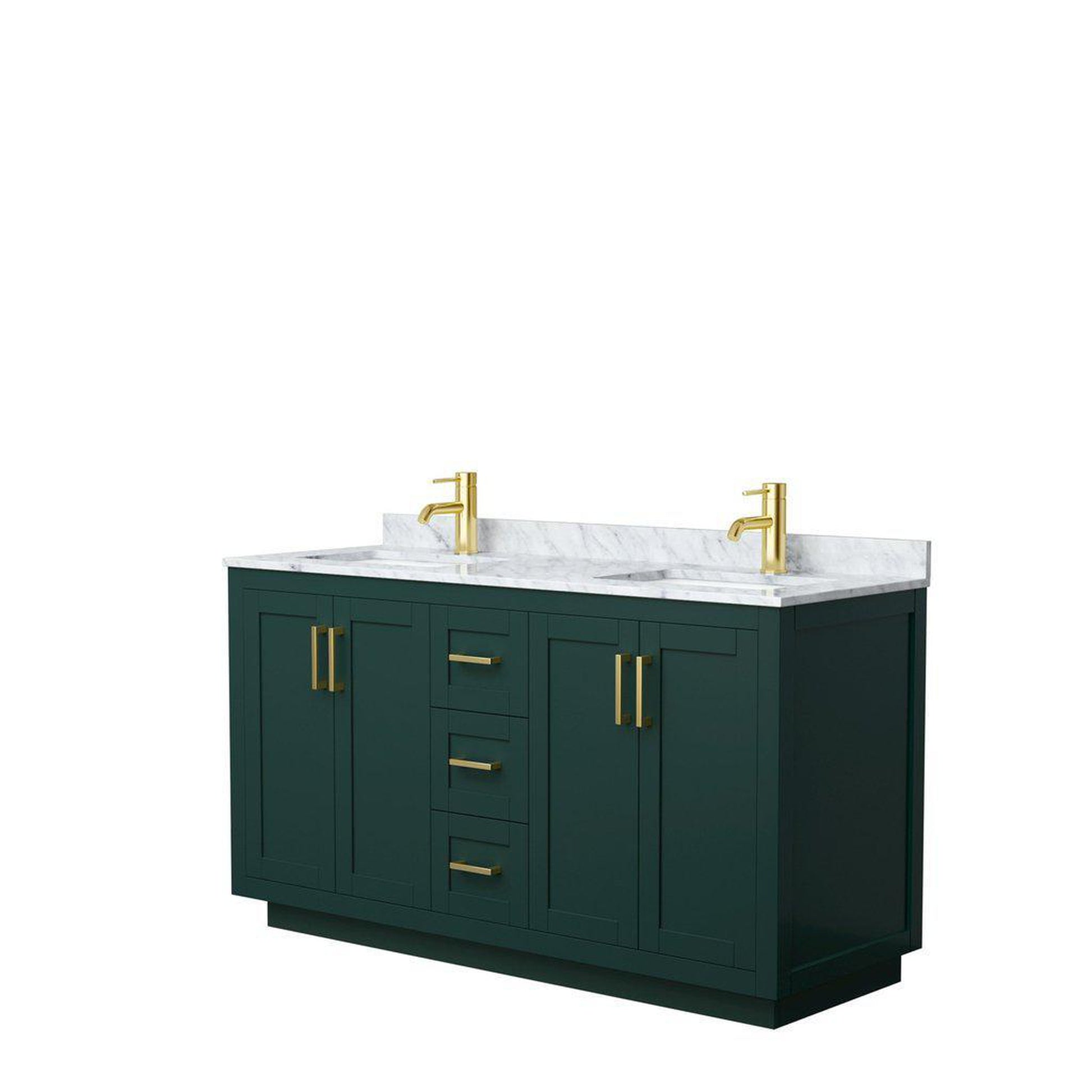 Wyndham Collection Miranda 60" Double Bathroom Green Vanity Set With White Carrara Marble Countertop, Undermount Square Sink, And Brushed Gold Trim