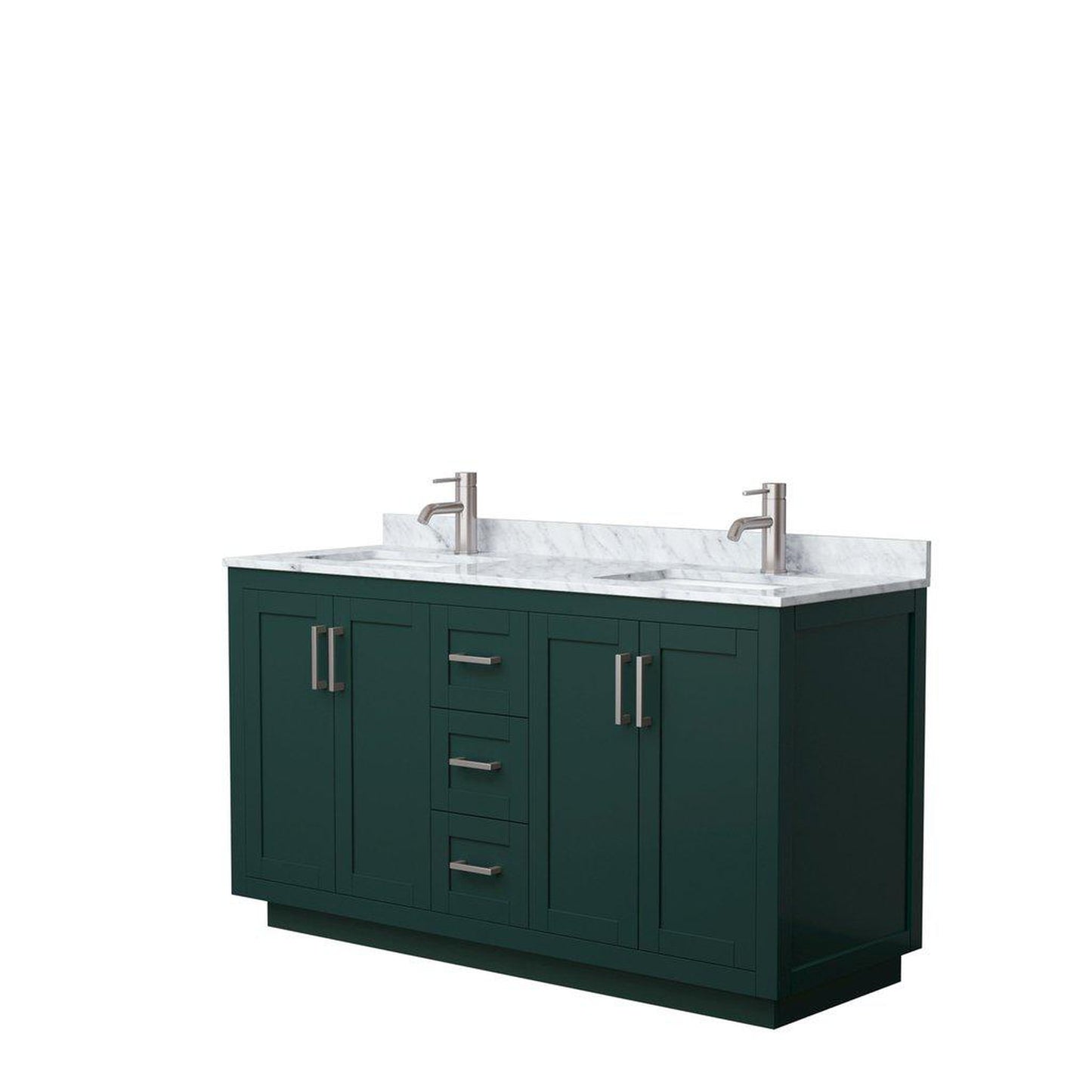 Wyndham Collection Miranda 60" Double Bathroom Green Vanity Set With White Carrara Marble Countertop, Undermount Square Sink, And Brushed Nickel Trim