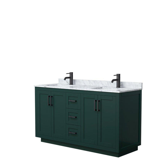 Wyndham Collection Miranda 60" Double Bathroom Green Vanity Set With White Carrara Marble Countertop, Undermount Square Sink, And Matte Black Trim