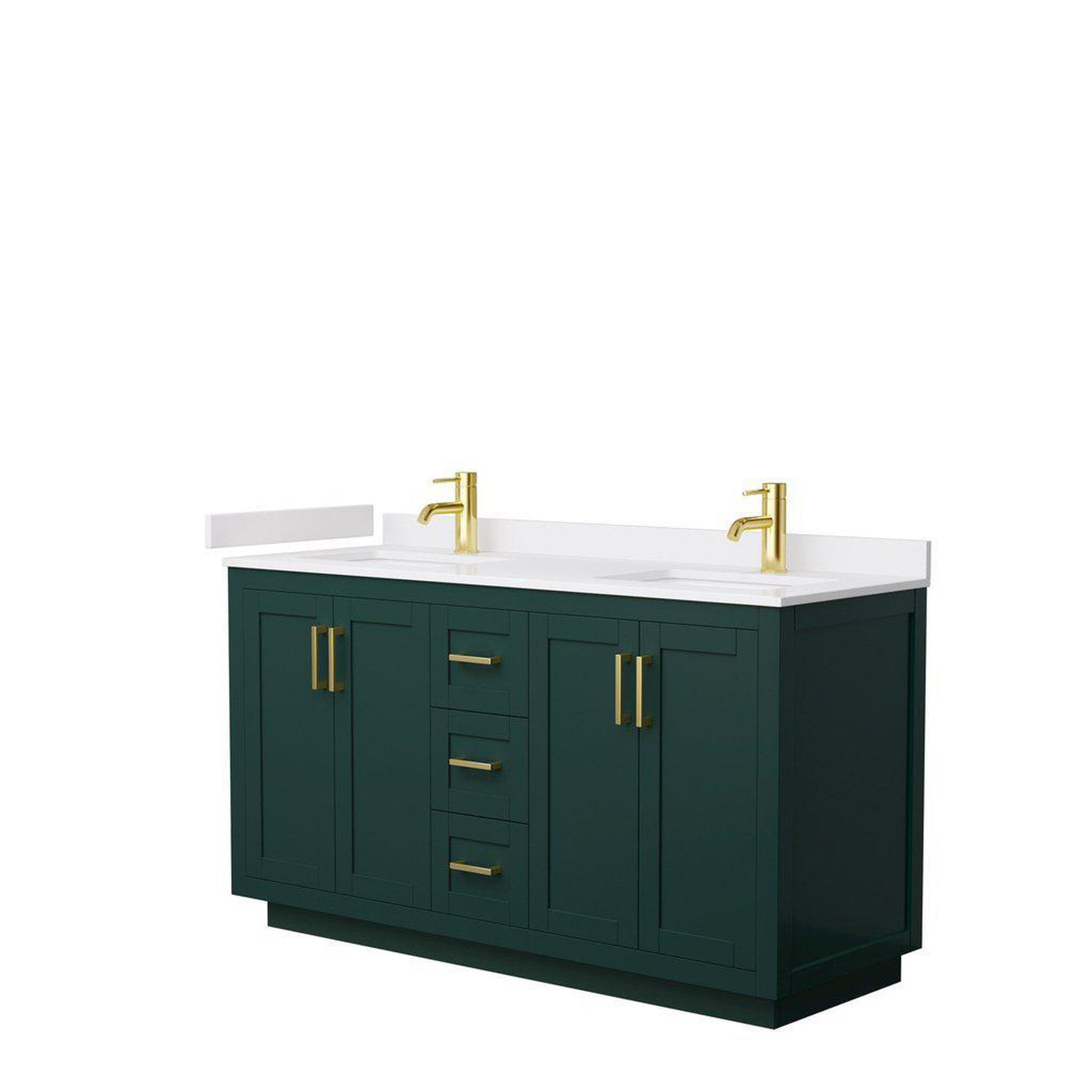 Wyndham Collection Miranda 60" Double Bathroom Green Vanity Set With White Cultured Marble Countertop, Undermount Square Sink, And Brushed Gold Trim