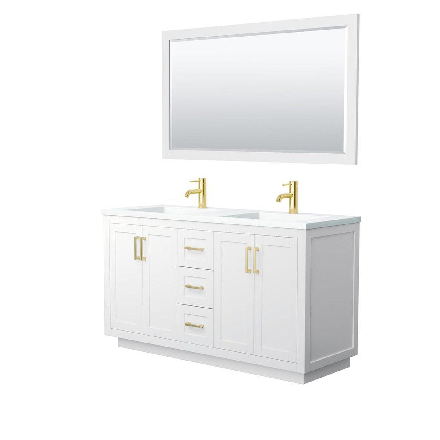 Wyndham Collection Miranda 60" Double Bathroom White Vanity Set With 1.25" Thick Matte White Solid Surface Countertop, Integrated Sink, 58" Mirror And Brushed Gold Trim