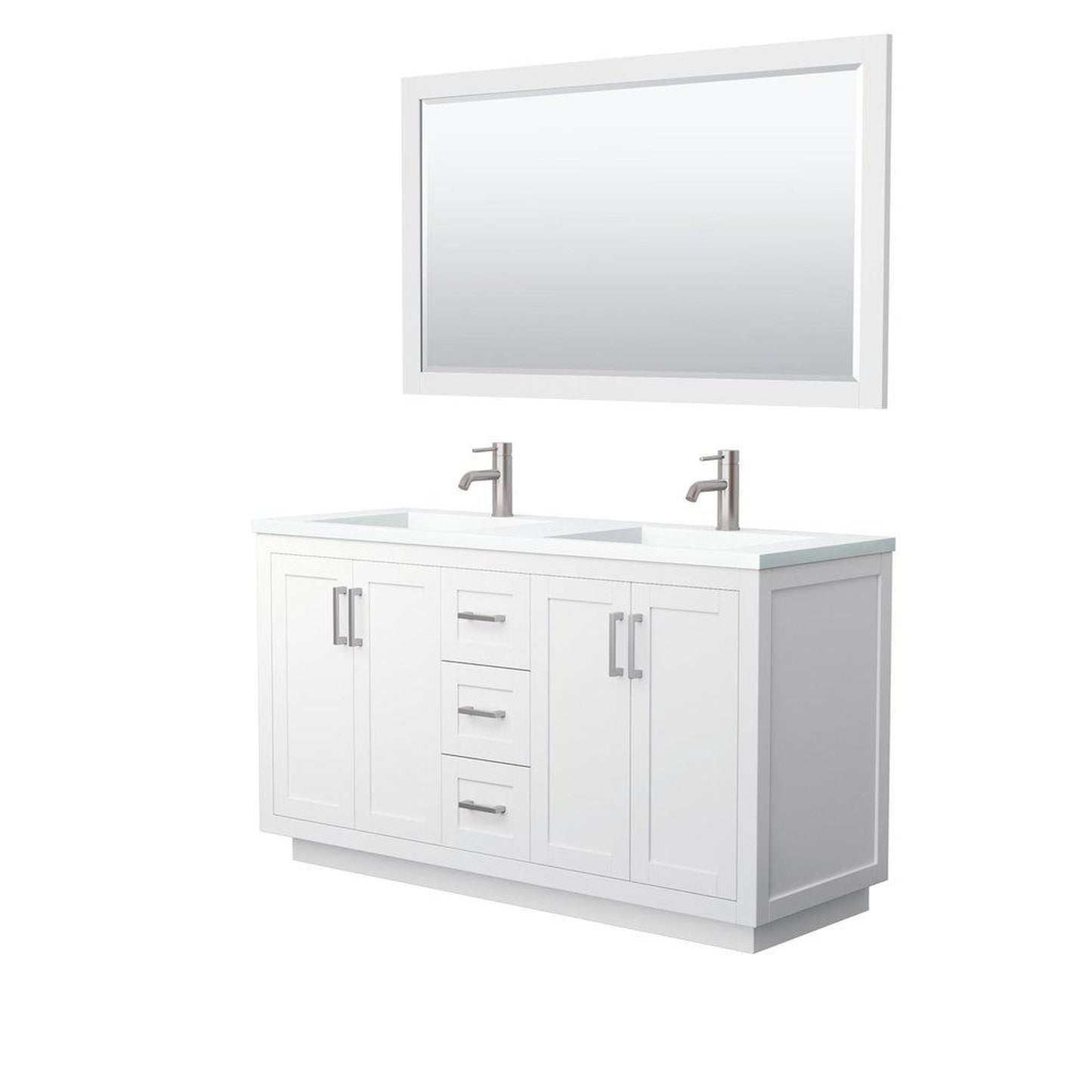 Wyndham Collection Miranda 60" Double Bathroom White Vanity Set With 1.25" Thick Matte White Solid Surface Countertop, Integrated Sink, 58" Mirror And Brushed Nickel Trim